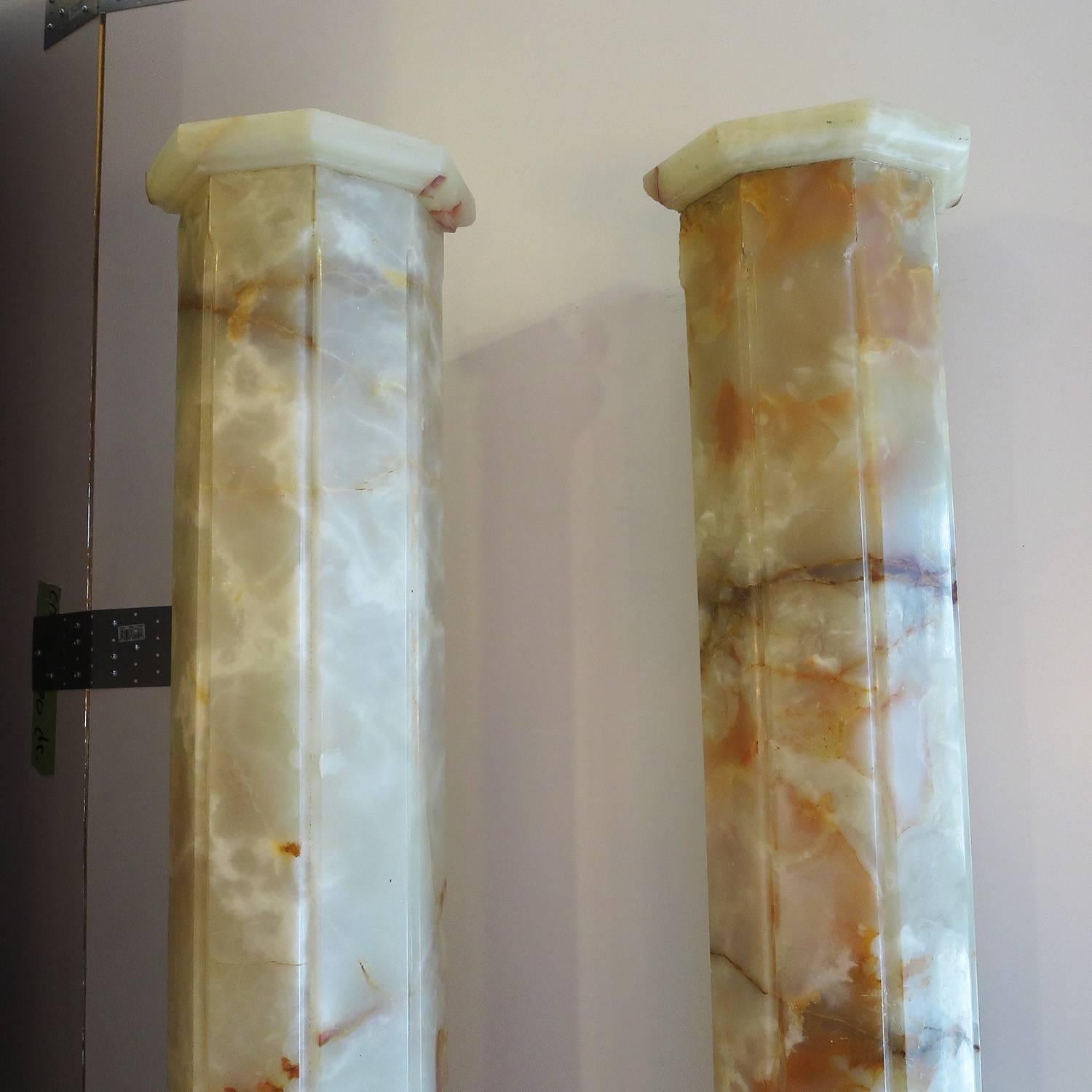 Polished Matched Pair of Lighted Onyx Column Lamps