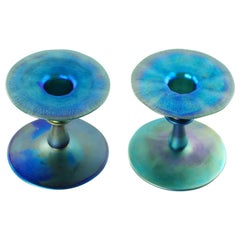Matched Pair of Louis Comfort Tiffany Blue Favrile Art Glass Candleholders