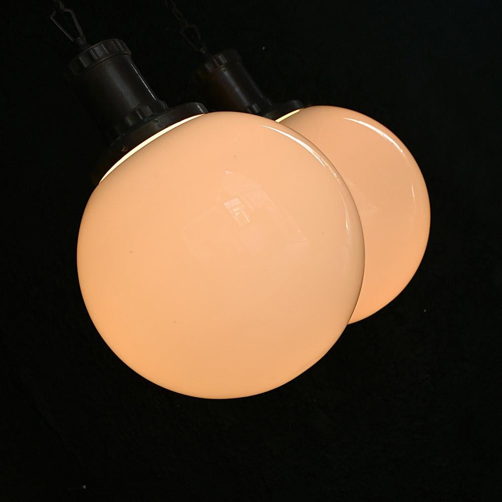 Hand-Crafted Matched Pair of Mid-20th Century Glass Morco Huge Opaline Pendants For Sale