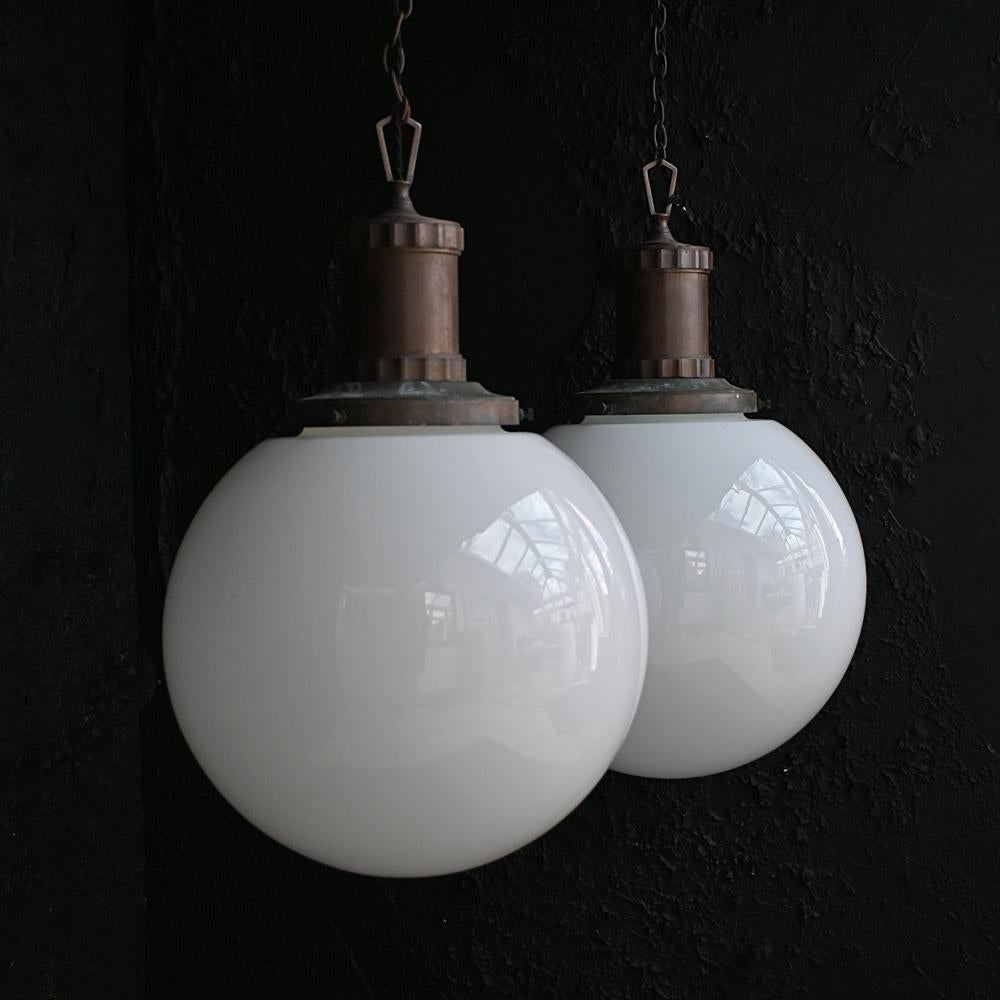 Matched Pair of Mid-20th Century Glass Morco Huge Opaline Pendants In Good Condition For Sale In London, GB