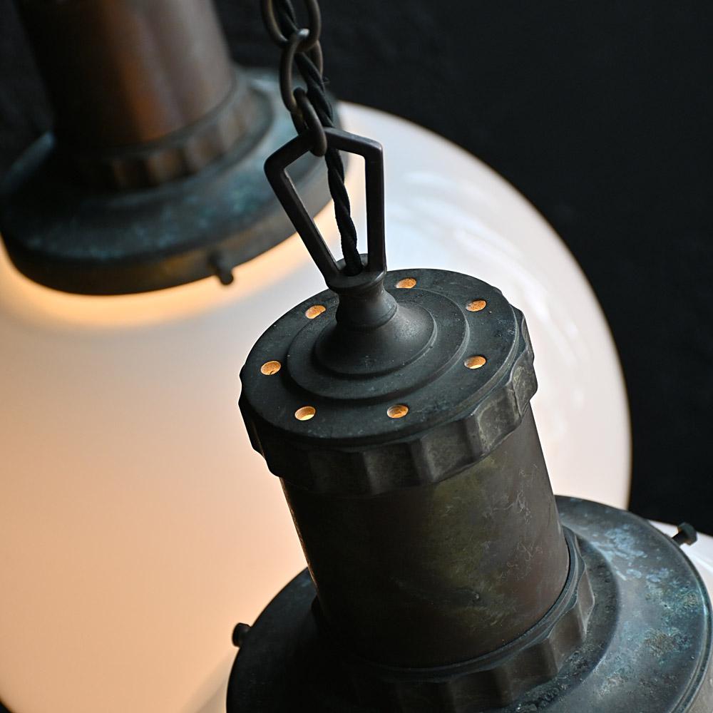 Brass Matched Pair of Mid-20th Century Glass Morco Huge Opaline Pendants For Sale