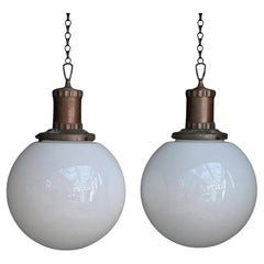 Matched Pair of Mid-20th Century Glass Morco Huge Opaline Pendants