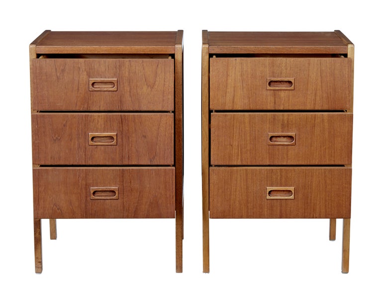 Matched pair of mid 20th century scandinavian chests by bodafors circa 1957 and 1961.

He we have a near pair of teak chest of drawers designed by bertil fridhagen for bodafors. Of the same dimensions but with slight variations due to 4 years