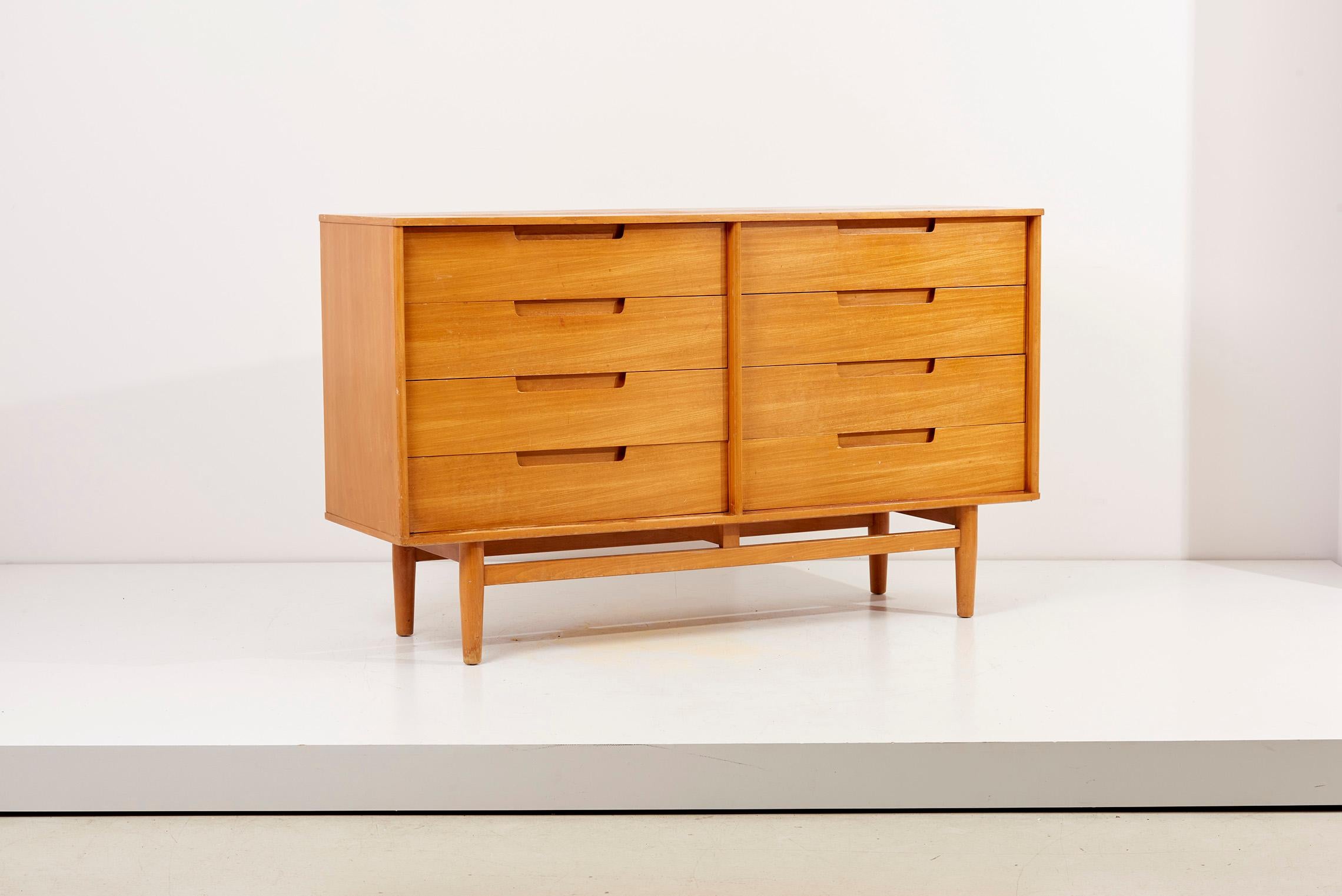 Matched pair of Milo Baughman dressers for Drexel, USA, 1950s
Both pieces have the same veneer and are in very good condition. Signed!
Credenza: 48 wide x 18 deep x 30 high
High Dresser: 32 wide x 18 deep x 46.5 high.