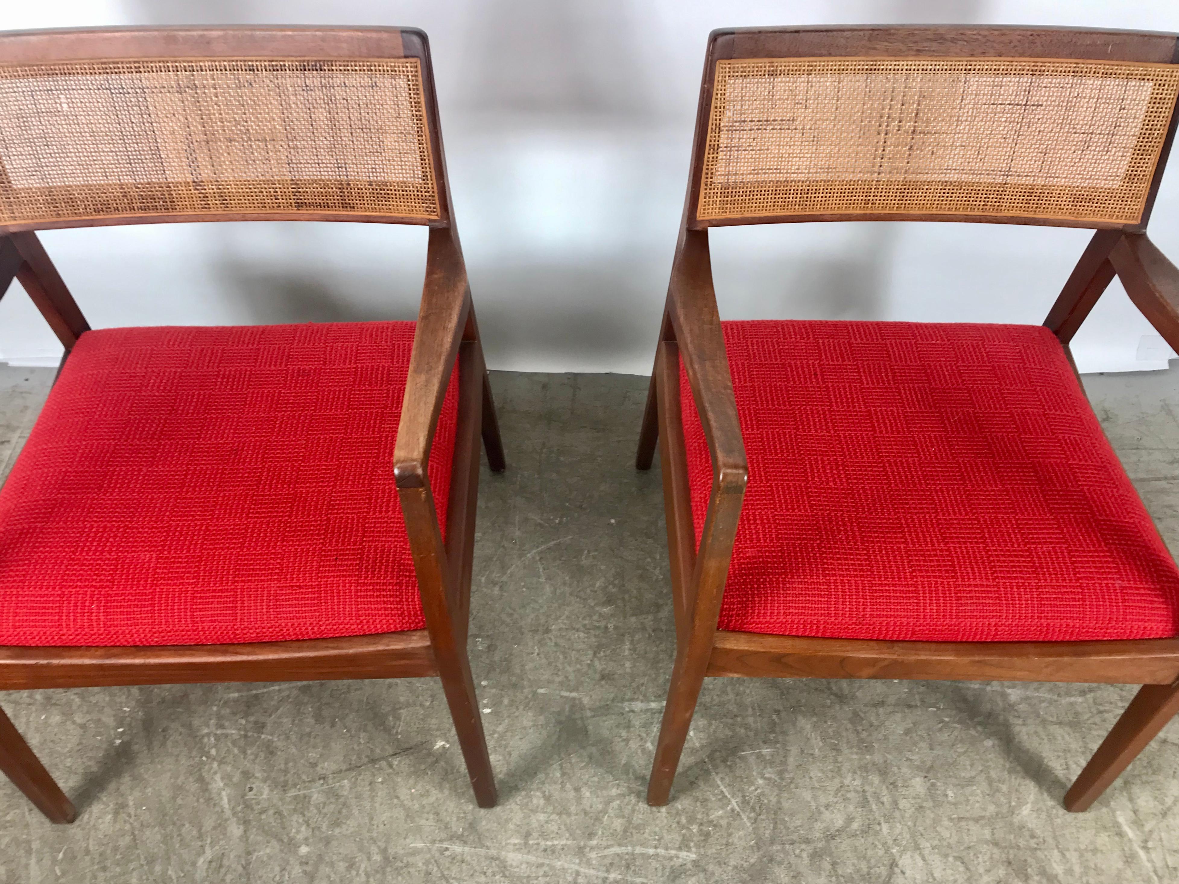 American Matched Pair of Modernist Jens Risom Walnut and Caned Back Lounge Chair