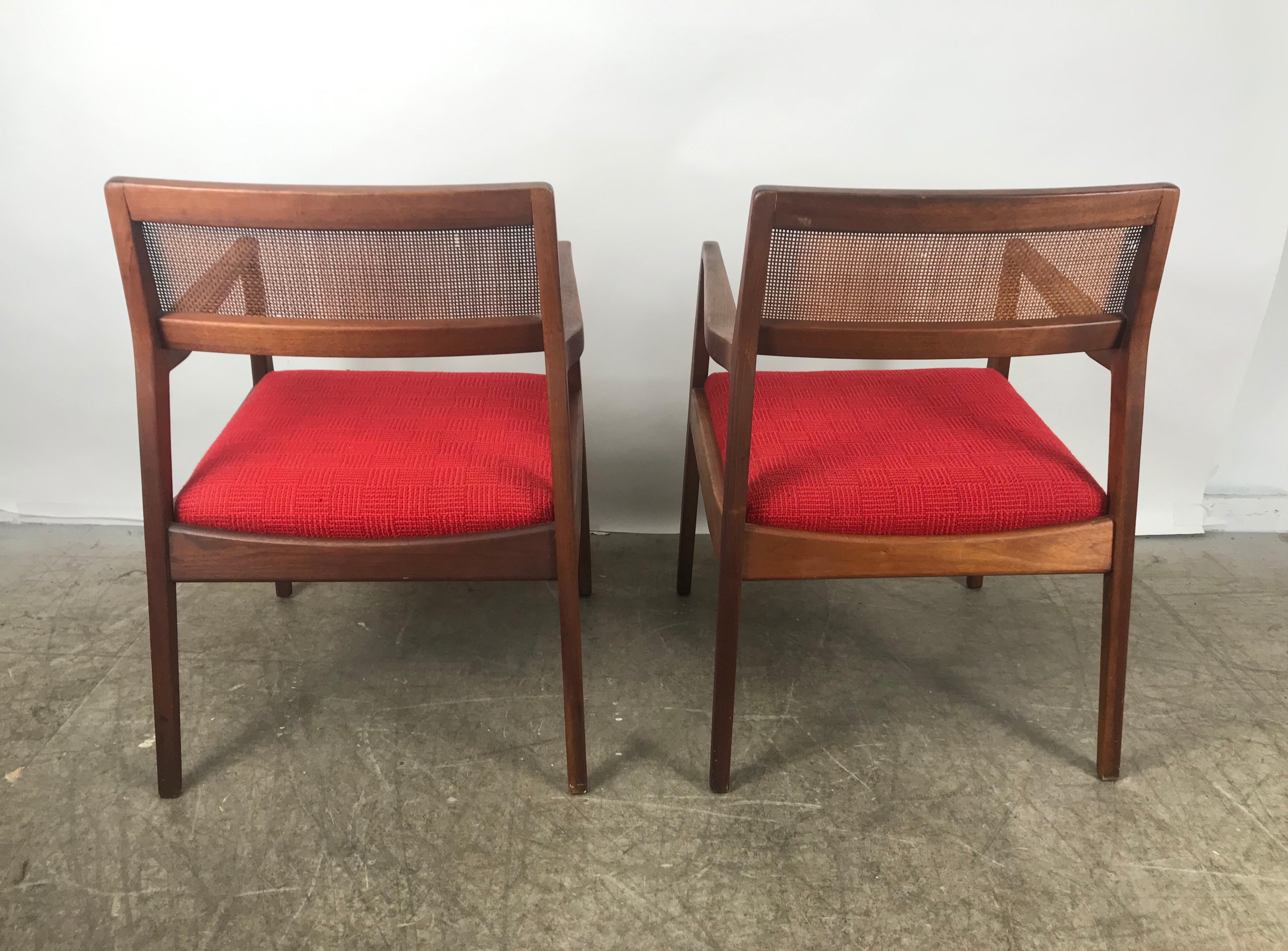 Fabric Matched Pair of Modernist Jens Risom Walnut and Caned Back Lounge Chair