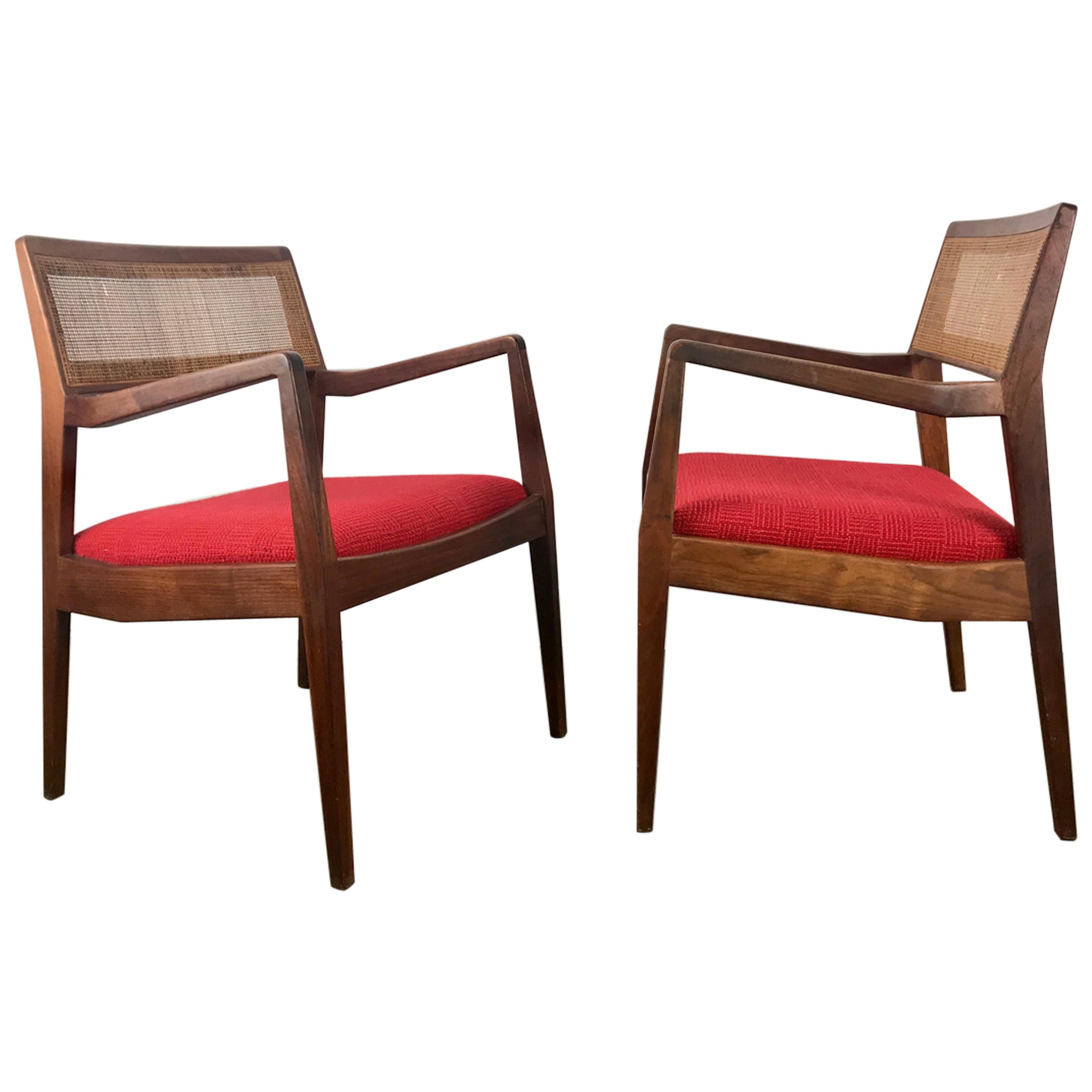 Matched Pair of Modernist Jens Risom Walnut and Caned Back Lounge Chair