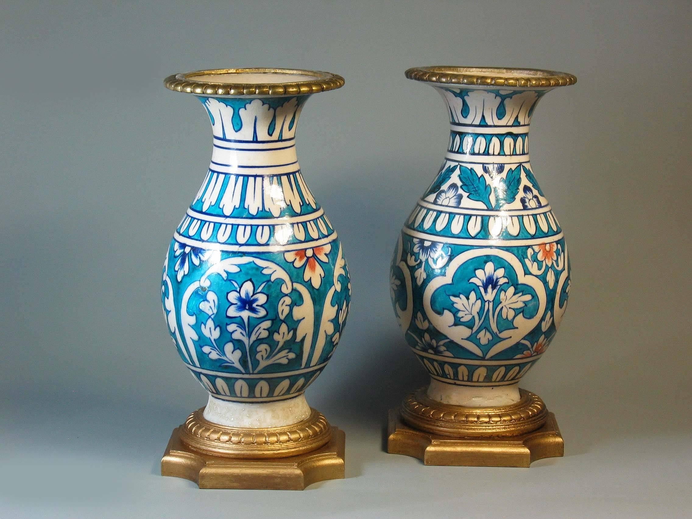 19th Century Matched Pair of Mounted Multan Blue and Turquoise Pottery Baluster Vases