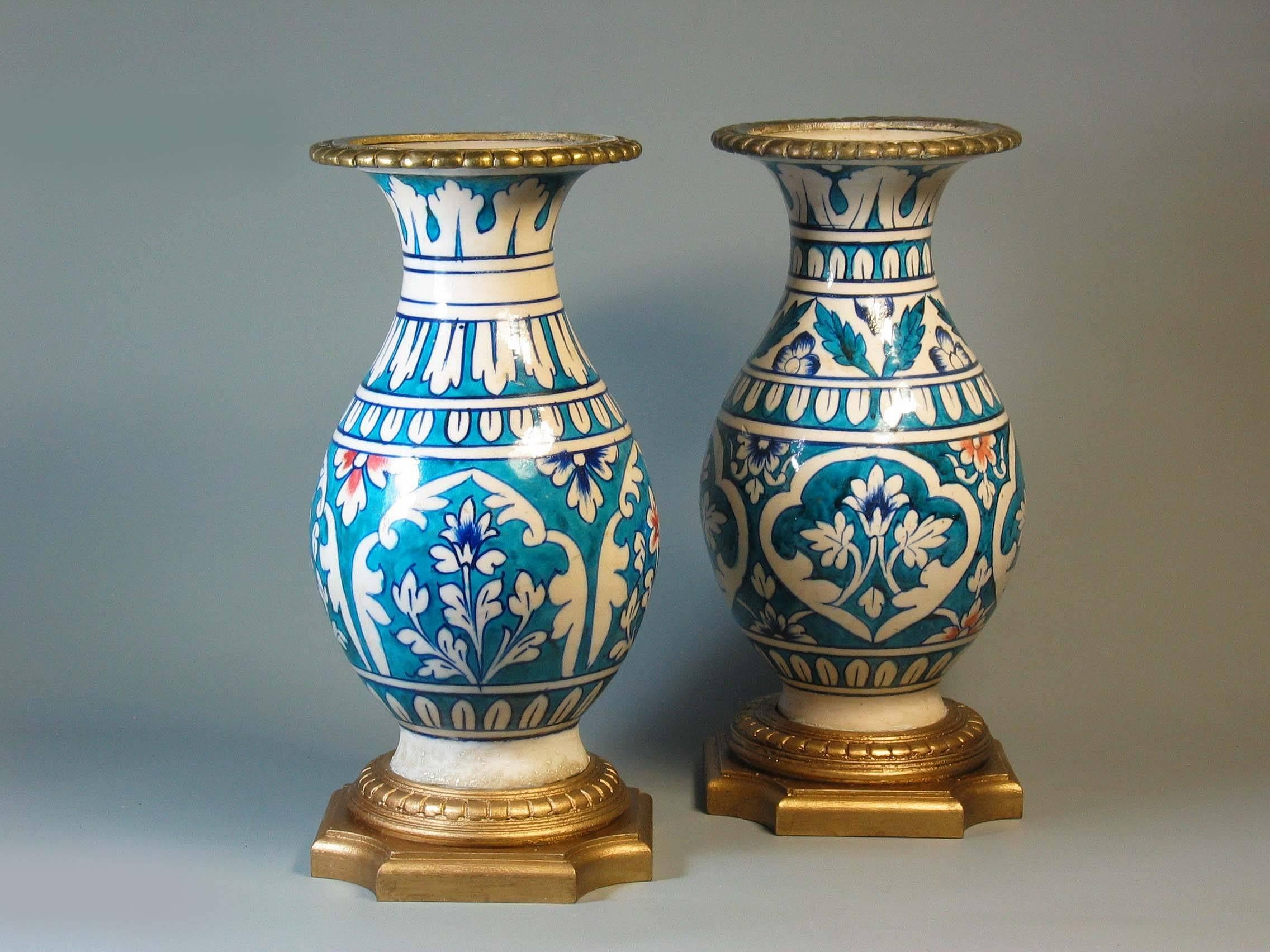 Matched Pair of Mounted Multan Blue and Turquoise Pottery Baluster Vases 2