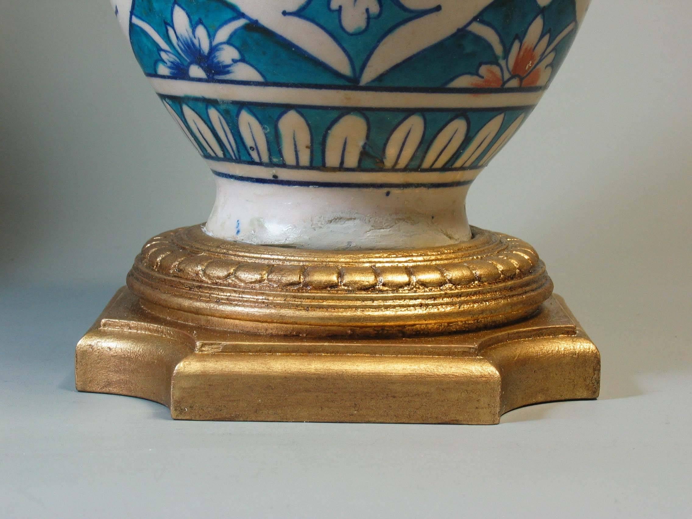 Islamic Matched Pair of Mounted Multan Blue and Turquoise Pottery Baluster Vases