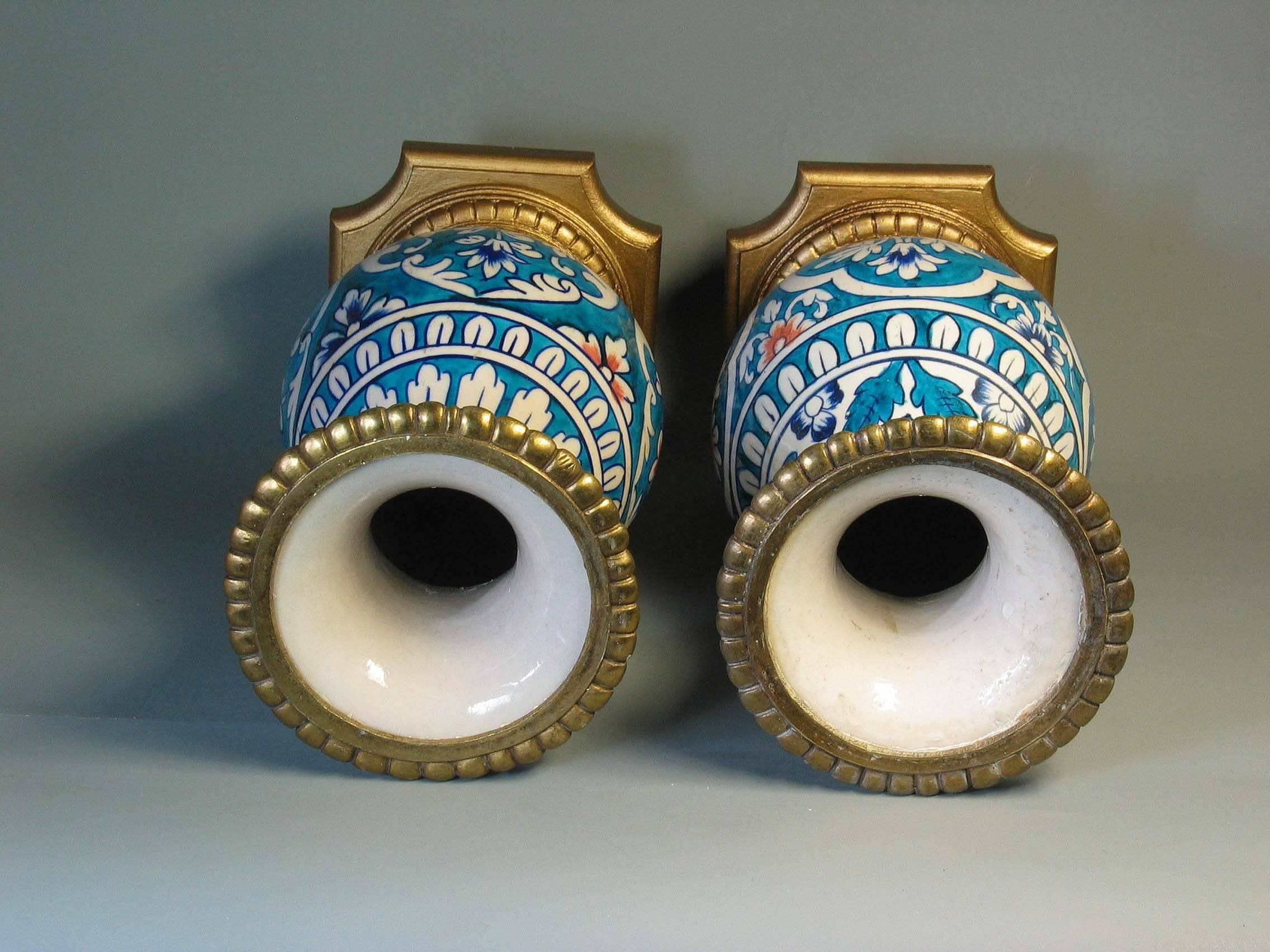 Pakistani Matched Pair of Mounted Multan Blue and Turquoise Pottery Baluster Vases