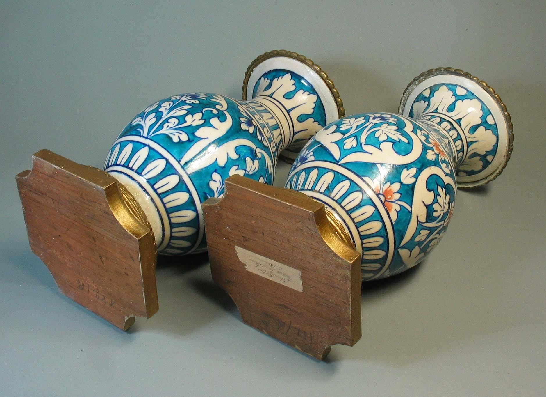 Hand-Crafted Matched Pair of Mounted Multan Blue and Turquoise Pottery Baluster Vases