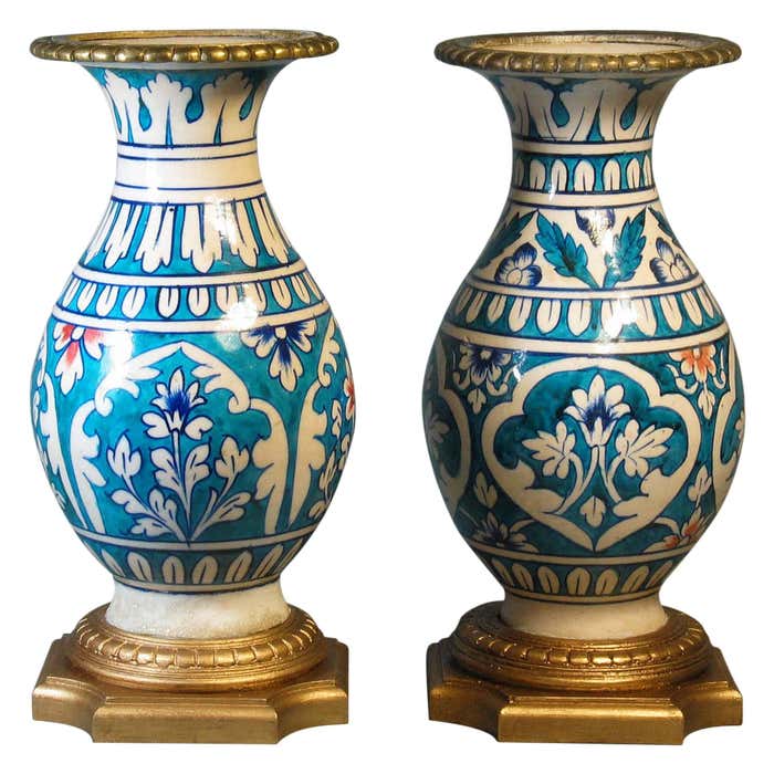 Matched Pair of Mounted Multan Blue and Turquoise Pottery Baluster ...