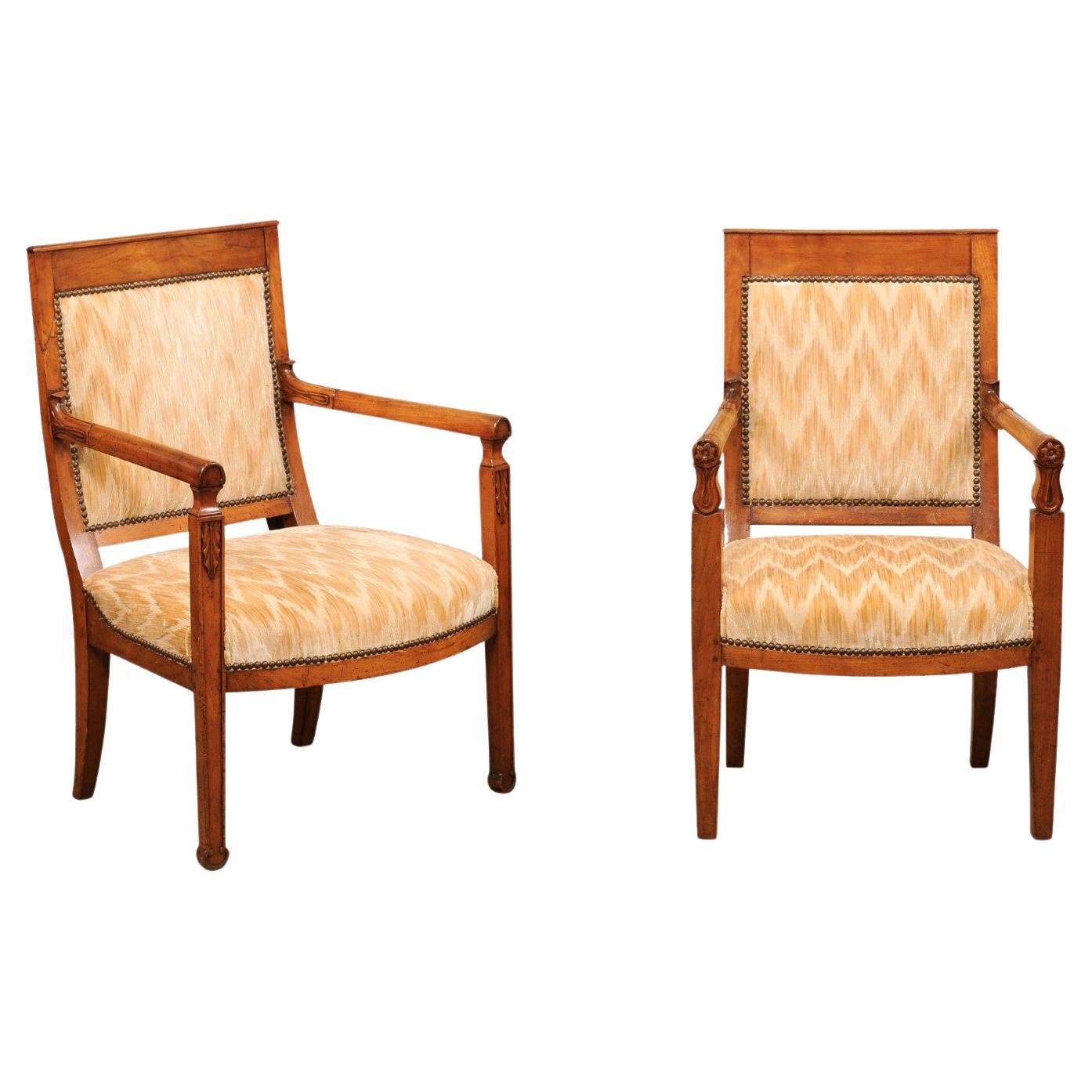 Matched Pair of Neoclassical Style Walnut Armchairs, 20th Century France