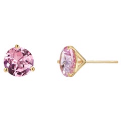 Matched Pair of Round Pink Topaz Yellow Gold Stud Earrings