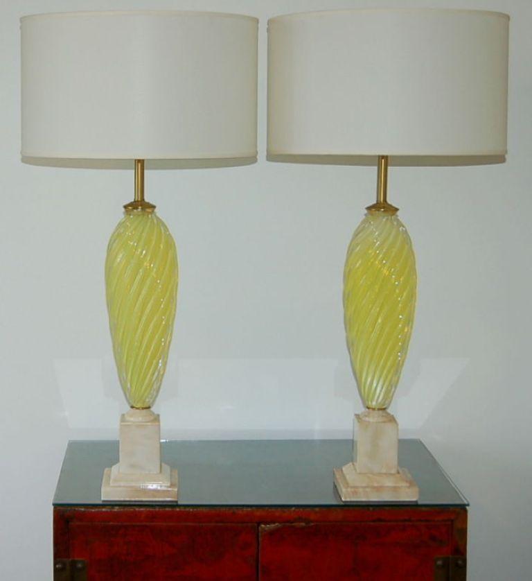 Amazing LEMON YELLOW vintage Murano lamps. Blown by Seguso in the 1950s, these statuesque lamps are the color of a LEMON MERINGUE PIE – that wonderful sweet and tart color that, because of the opaline, gets more intense when the sunlight hits it.