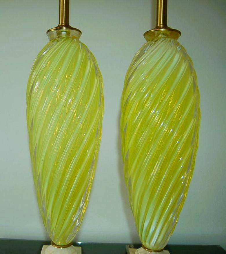 Blown Glass Matched Pair of Seguso Lemon Yellow Opaline Murano Lamps For Sale
