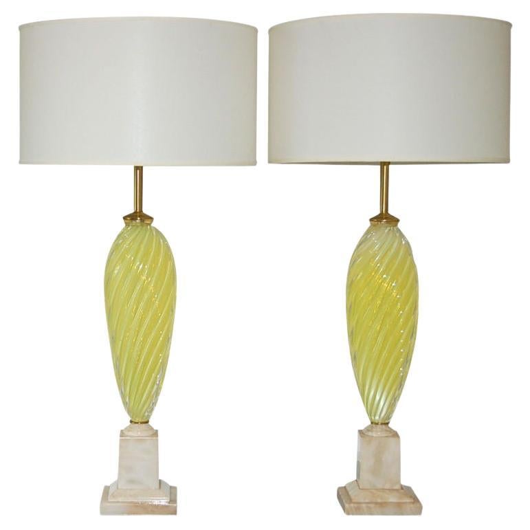 Matched Pair of Seguso Lemon Yellow Opaline Murano Lamps For Sale