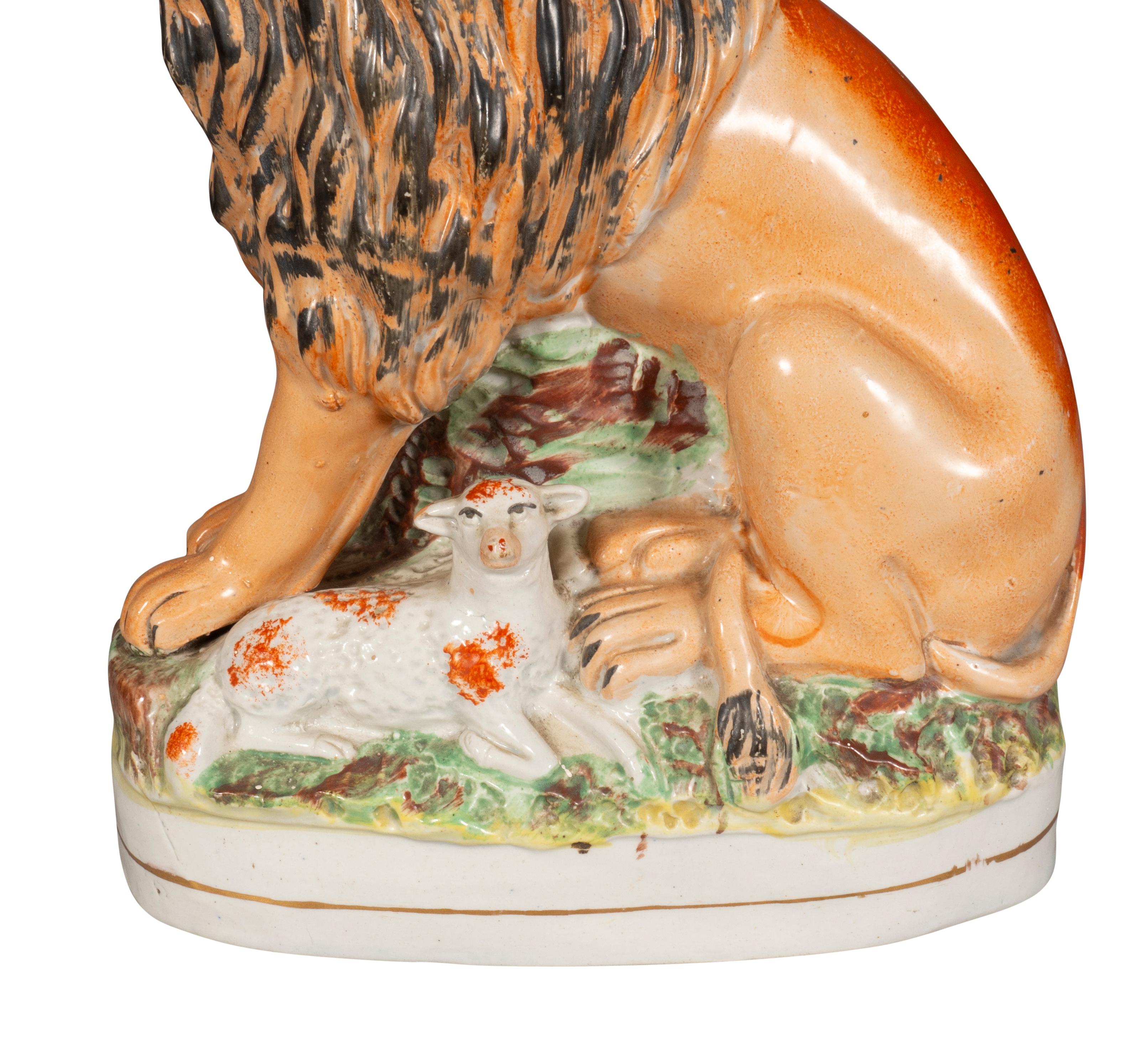 Matched Pair Of Staffordshire Pottery Lions For Sale 5