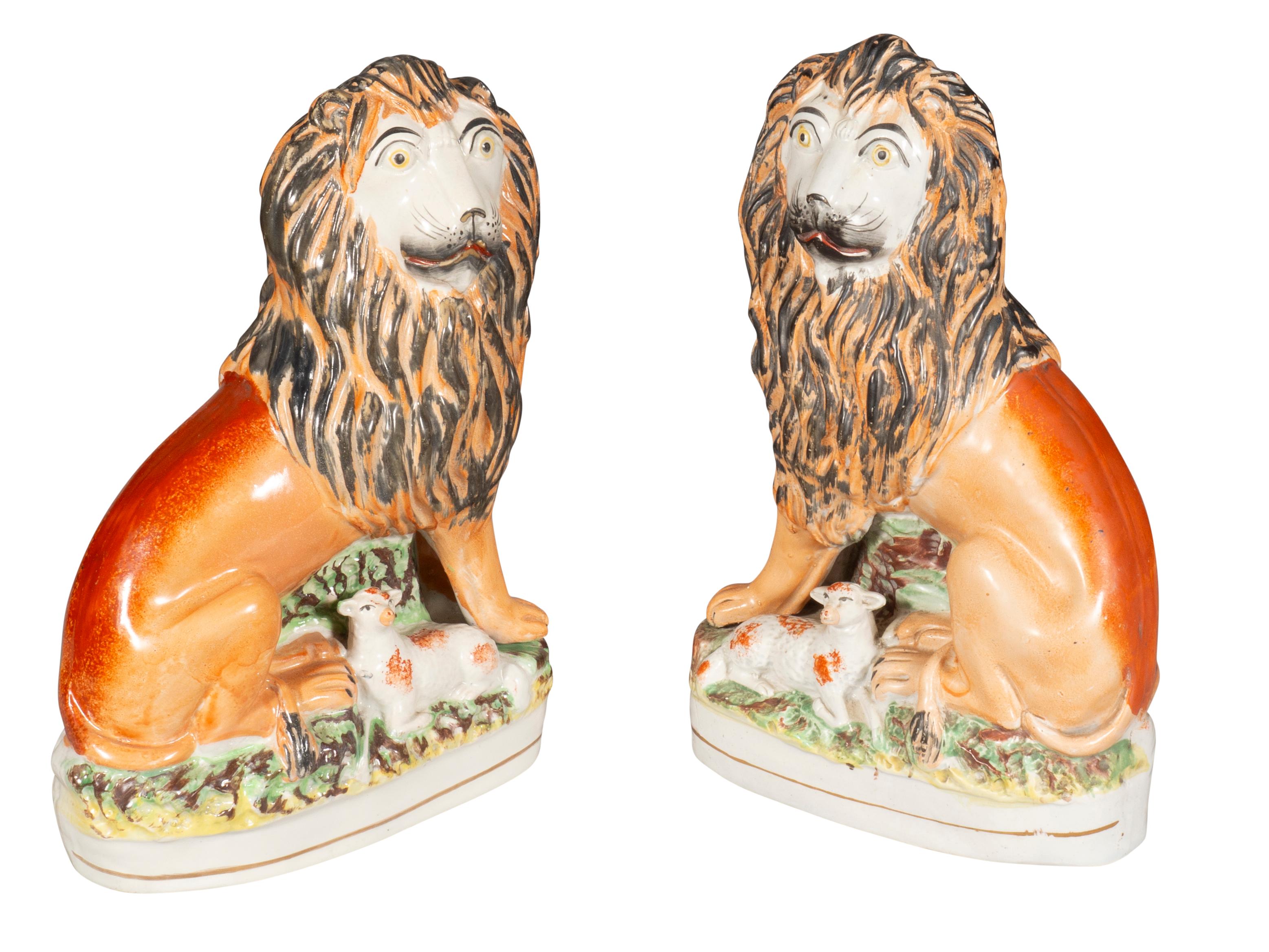 Matched Pair Of Staffordshire Pottery Lions For Sale 1