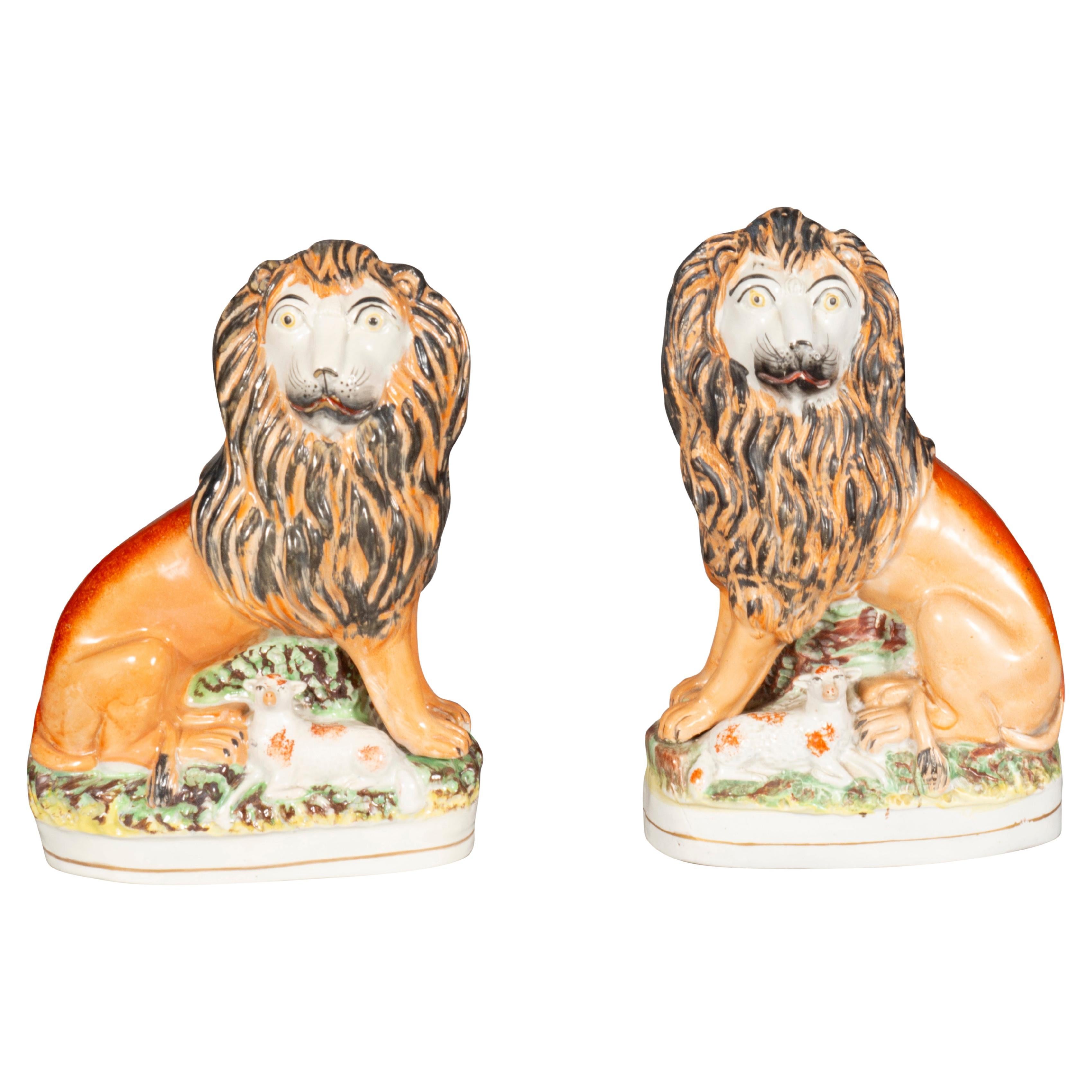 Matched Pair Of Staffordshire Pottery Lions For Sale