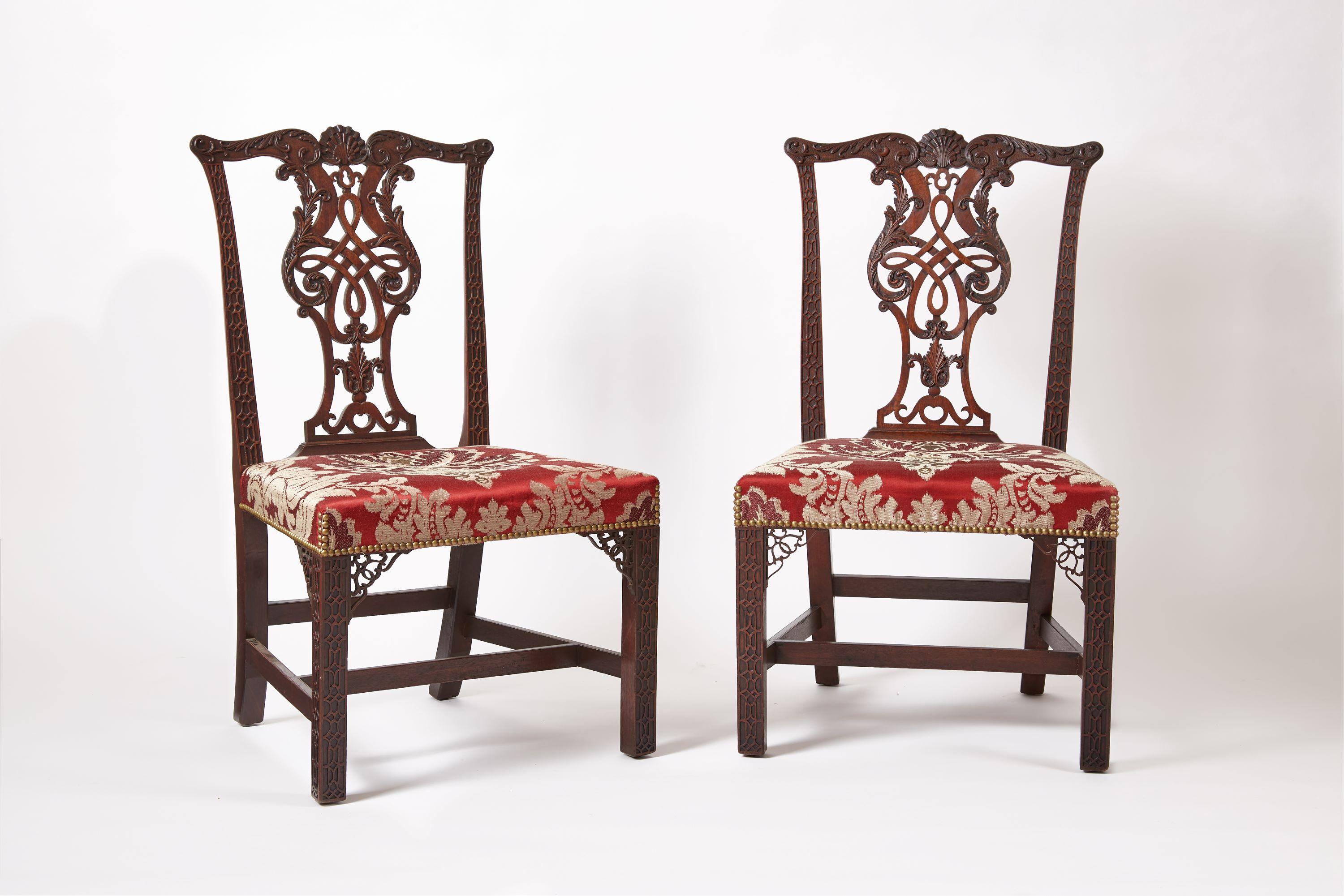 Matched Pair of Superb Mahogany Chippendale Side chairs. English, but possibly Irish.
Almost identical to one photographed in F. Lewis Hinkley's Metropolitan Furniture of the Georgian Years.