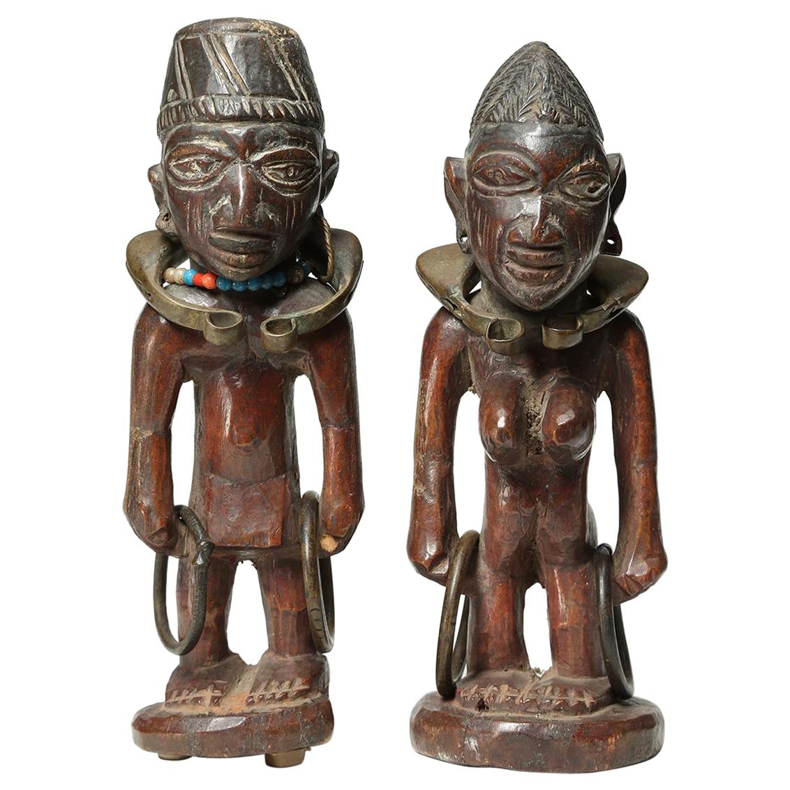 Matched Pair of Tribal Yoruba Ibeji "Twin" Figures, Male/Female with Bracelets