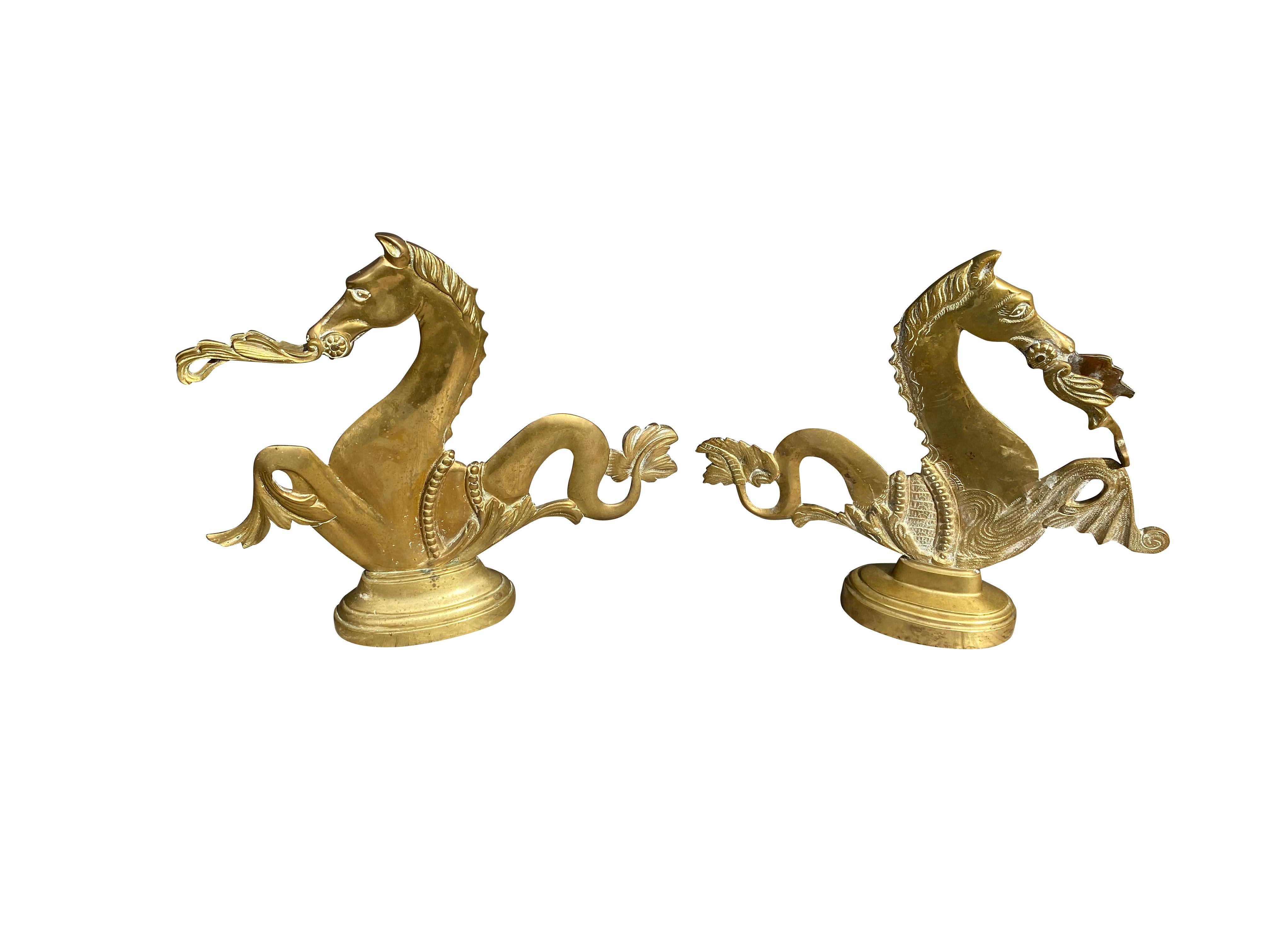 Matched Pair of Venetian Brass Gondola Seahorses In Good Condition In Essex, MA