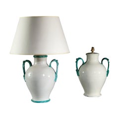 Matched Pair of White and Green Ceramic Table Lamps with Handles