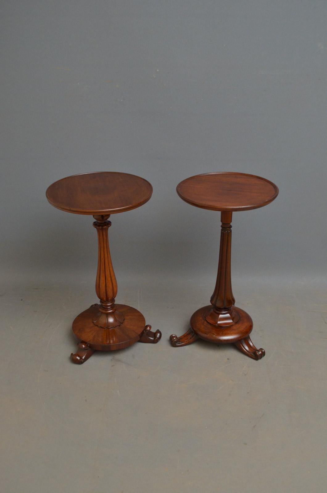 K0339 / K0356   2 Stunning William IV mahogany table, each having circular top on tulip carved, fluted column terminating in circular base with carved collar, standing on knurl feet. This antique table is a marriage of two associated period pieces,