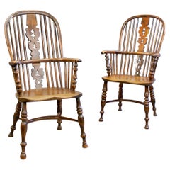 Antique Matched Pair of Yew Wood Arm Chairs