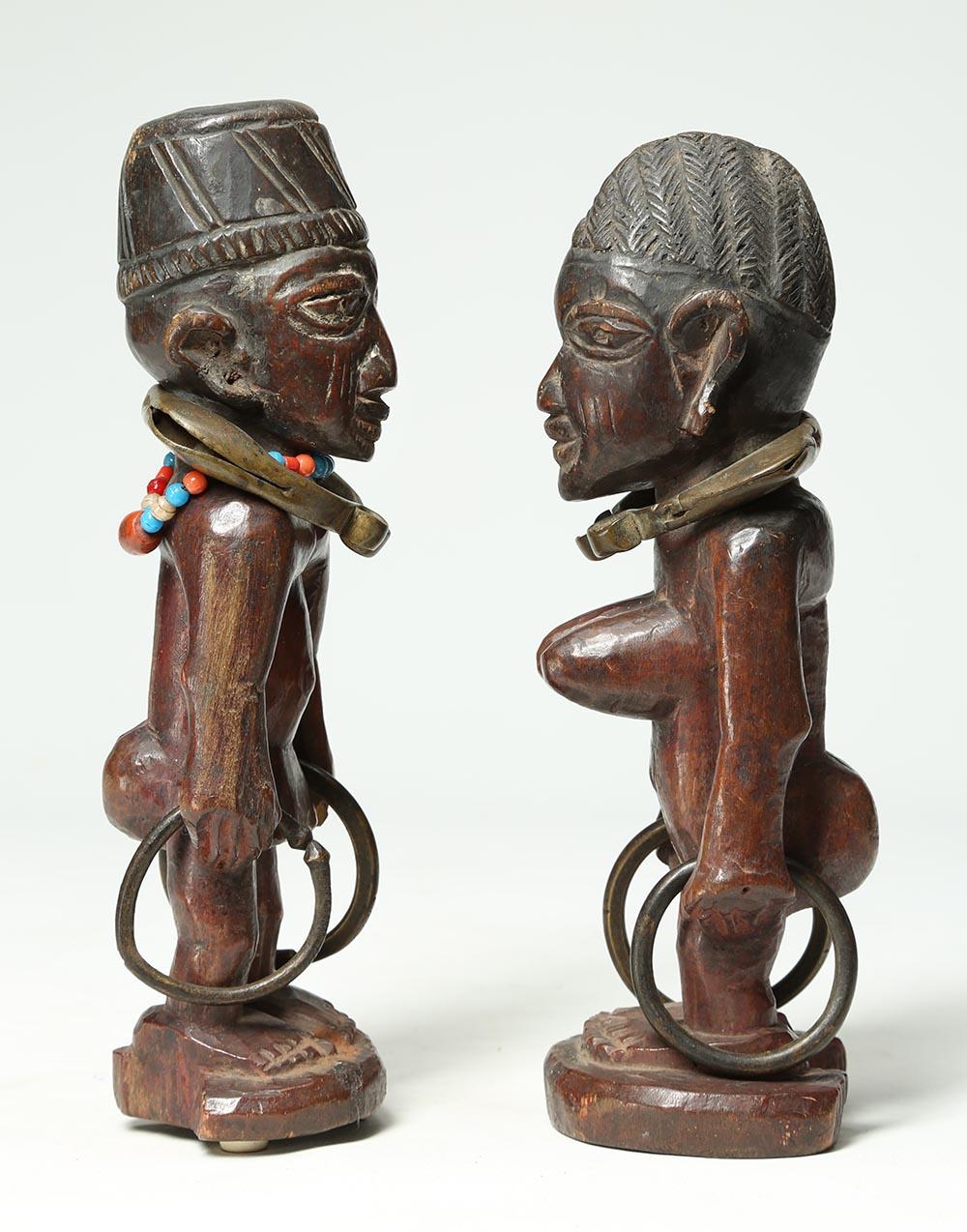 Tribal Matched Pair of Yoruba Wood Twin Figures, Male/Female with Bracelets For Sale