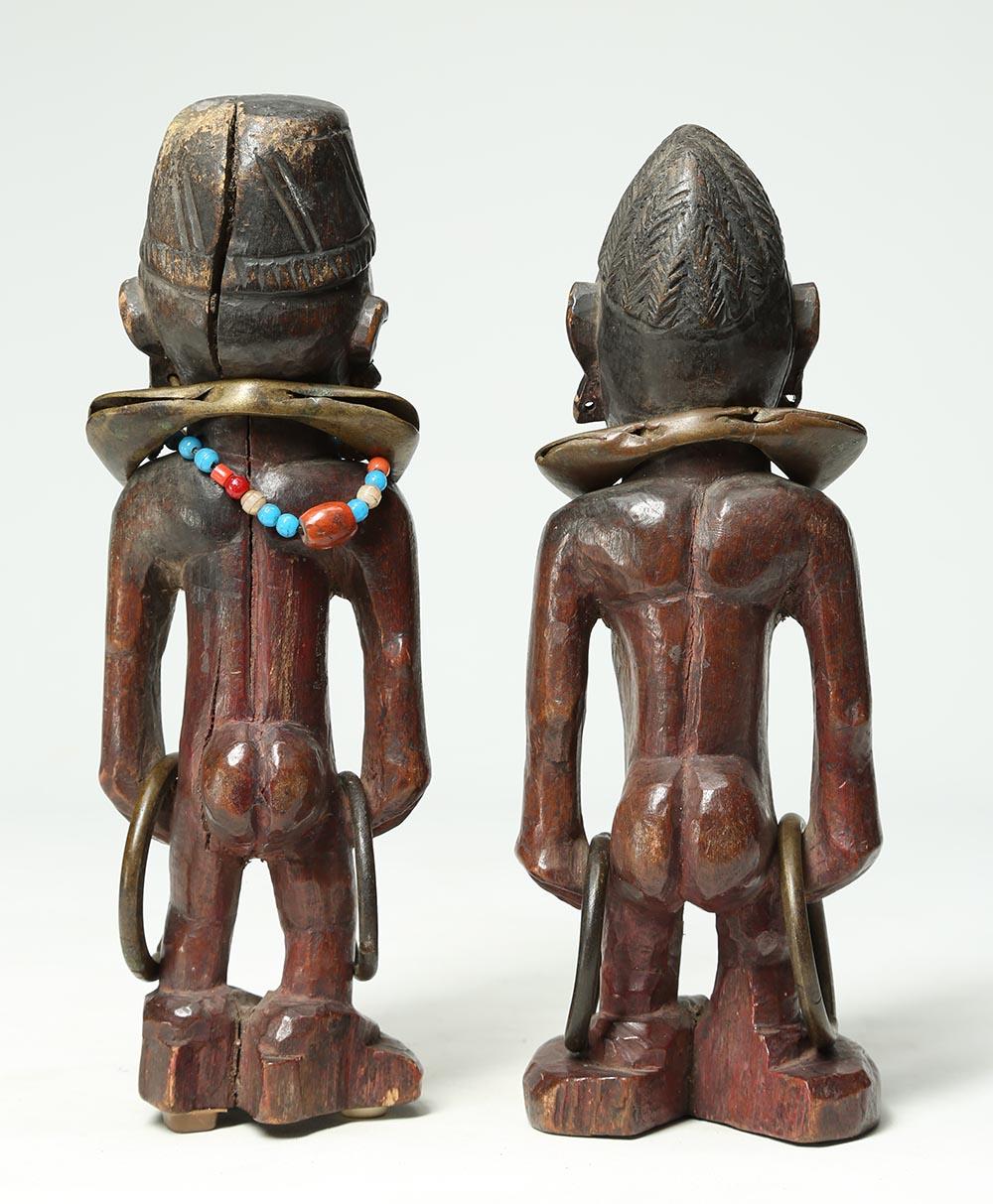 Nigerian Matched Pair of Yoruba Wood Twin Figures, Male/Female with Bracelets For Sale