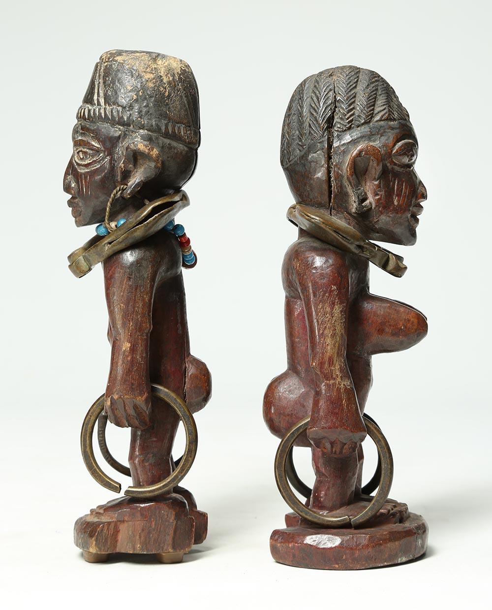 Hand-Carved Matched Pair of Yoruba Wood Twin Figures, Male/Female with Bracelets For Sale