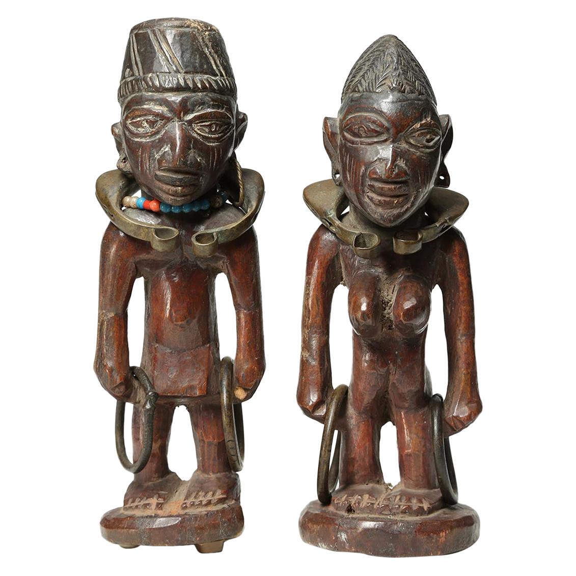 Matched Pair of Yoruba Wood Twin Figures, Male/Female with Bracelets For Sale
