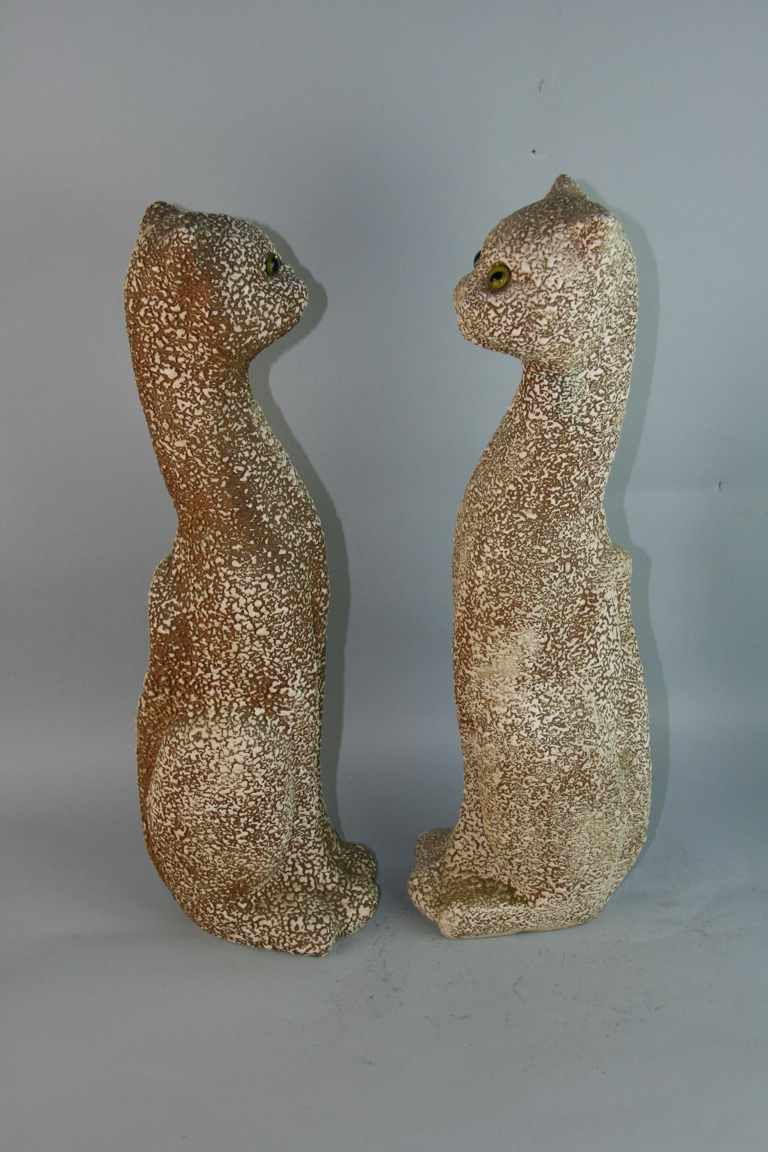 Matched Pair Oversized French Ceramic Cats Sculpture  with Glass Eyes For Sale 2