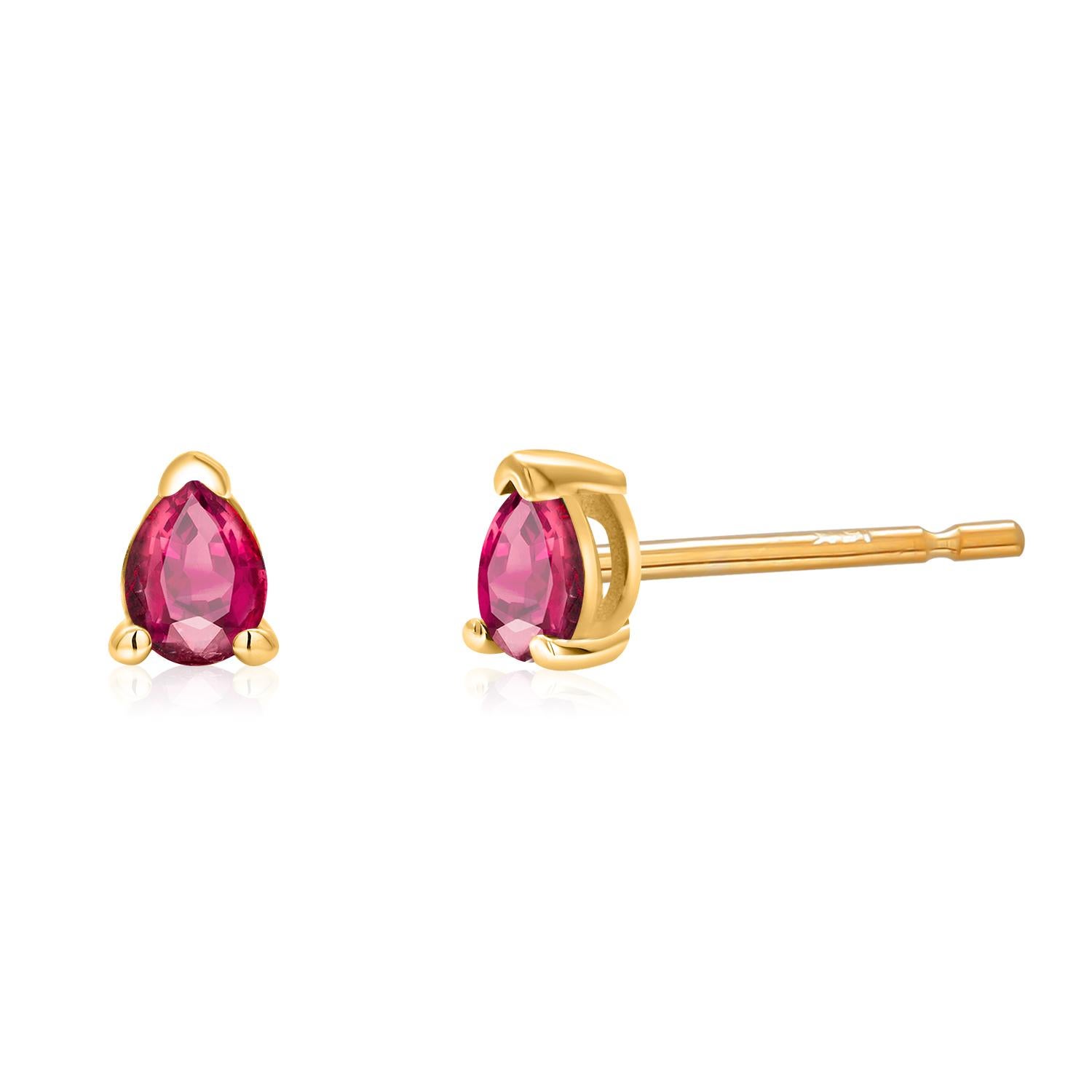 Matched Pair Pear Shaped Ruby 0.50 Carat Yellow Gold 0.20 Inch Stud Earrings For Sale 2