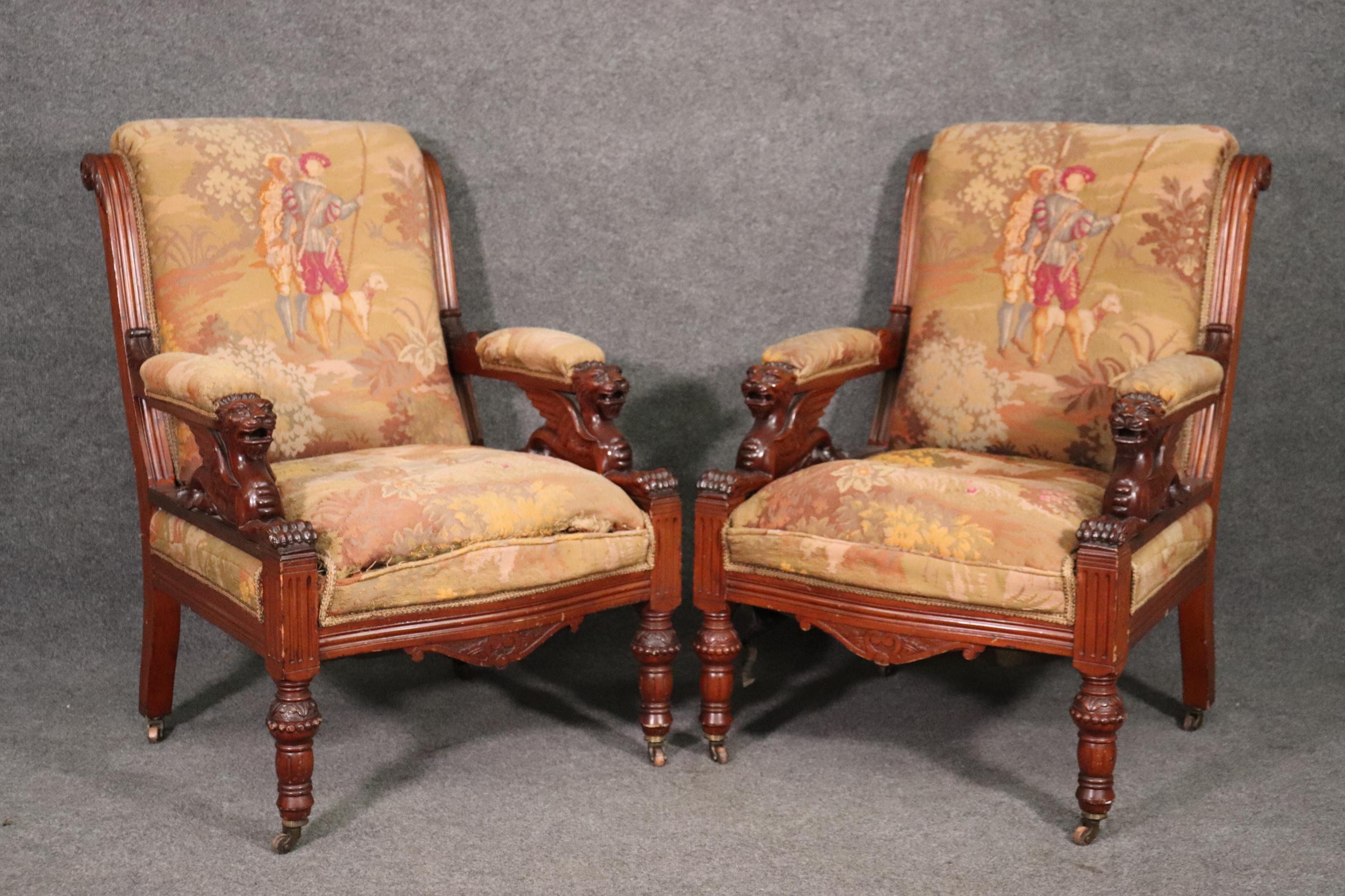 The detail of the frames on these gorgeous chairs is absolutely outstanding. The carved faces are fantastic and indicative of the best of RJ Hroner's works. There is a matching sofa that matches listed separately. The upholstery is original and will