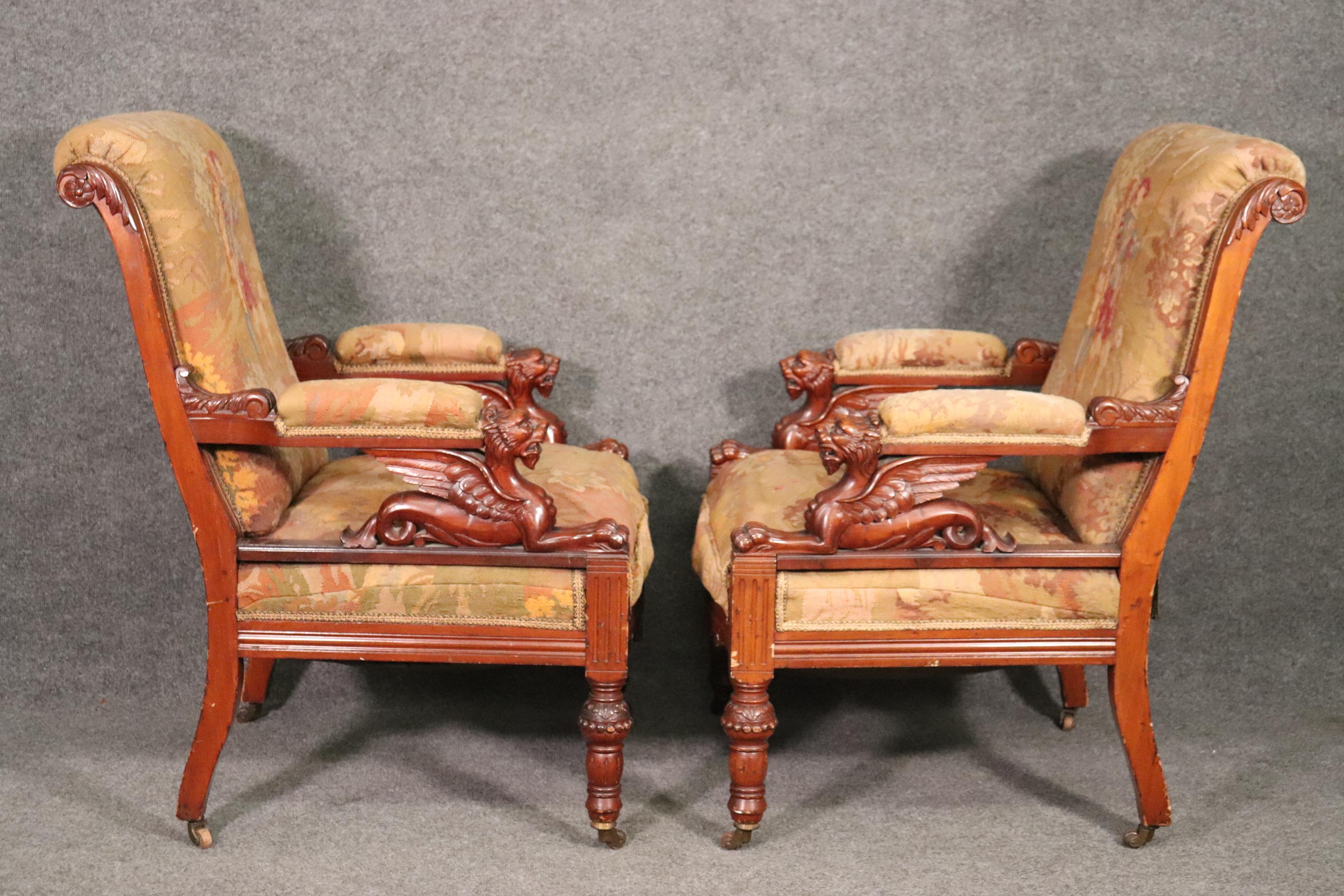 Renaissance Revival Matched Pair RJ Horner Carved Walnut Griffin Club Parlor Chairs, circa 1870