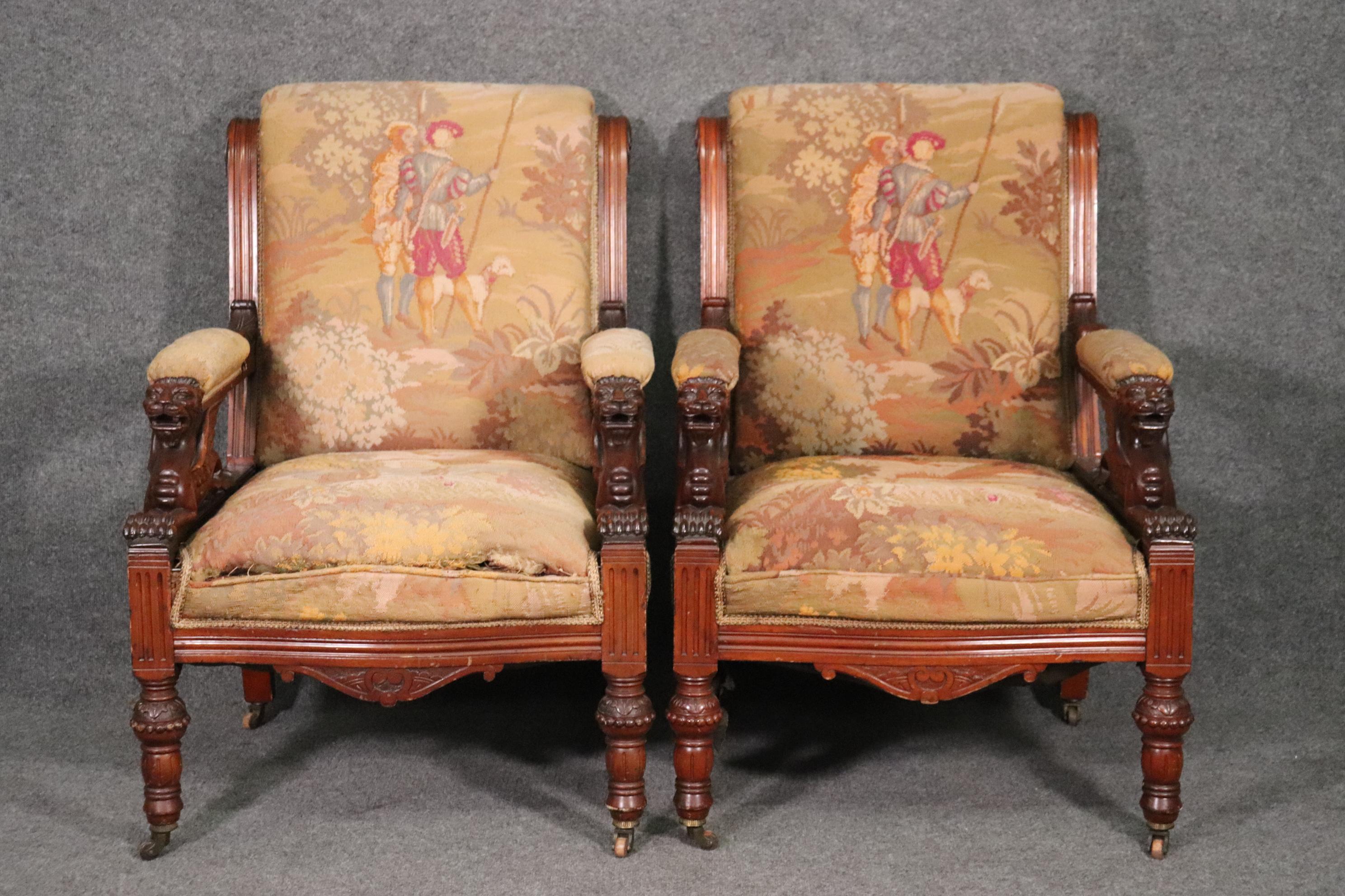 Matched Pair RJ Horner Carved Walnut Griffin Club Parlor Chairs, circa 1870 In Good Condition In Swedesboro, NJ