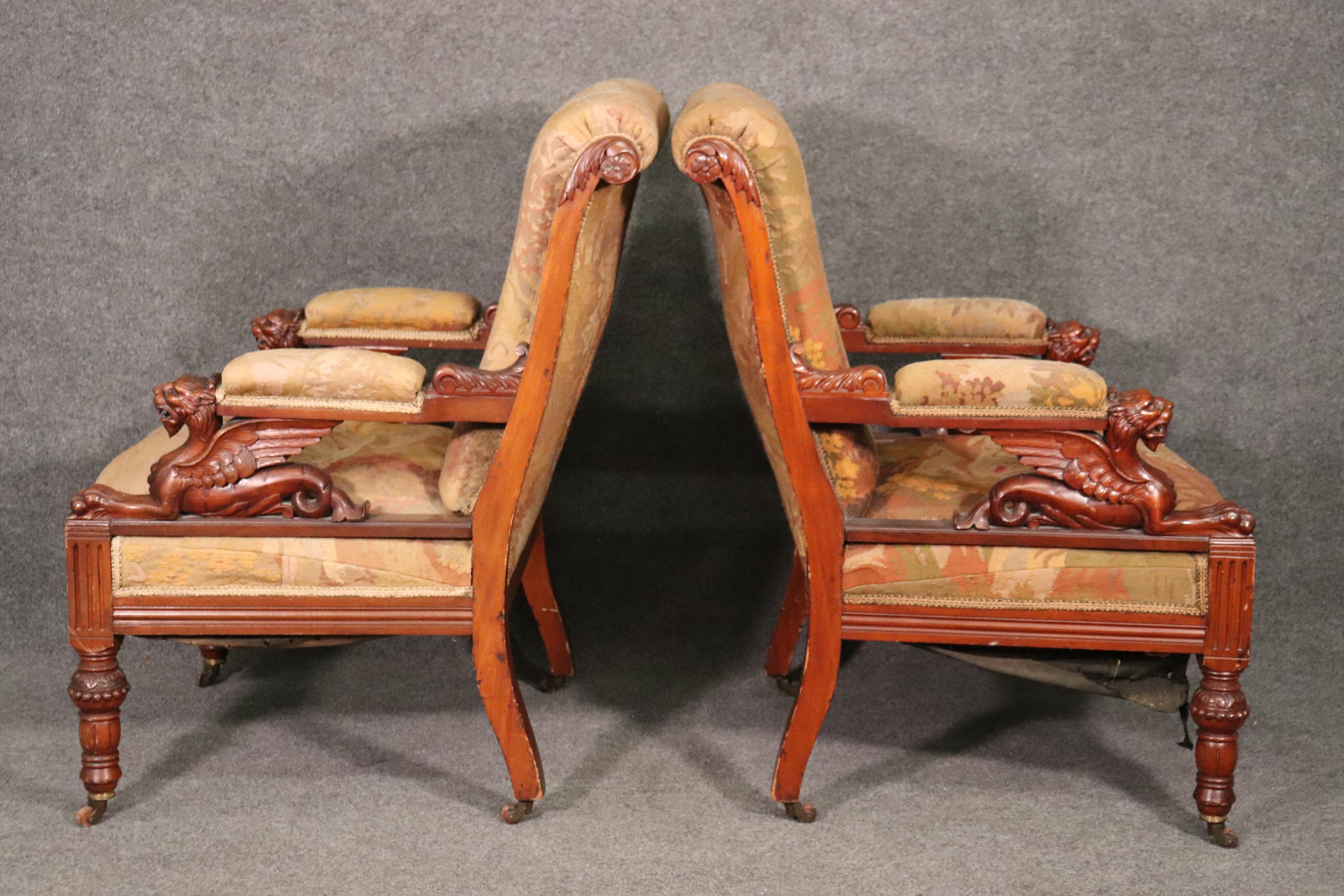 Late 19th Century Matched Pair RJ Horner Carved Walnut Griffin Club Parlor Chairs, circa 1870