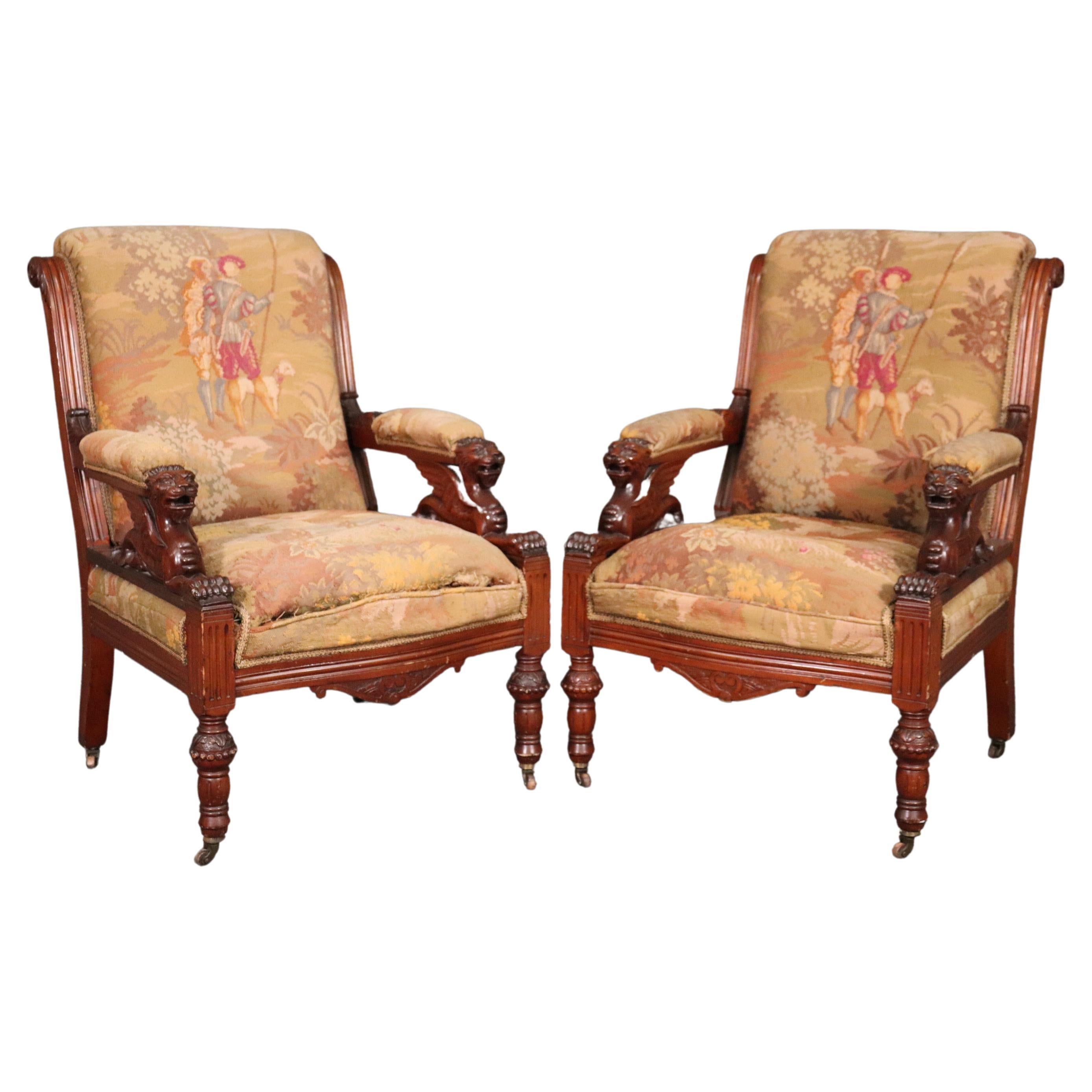Matched Pair RJ Horner Carved Walnut Griffin Club Parlor Chairs, circa 1870