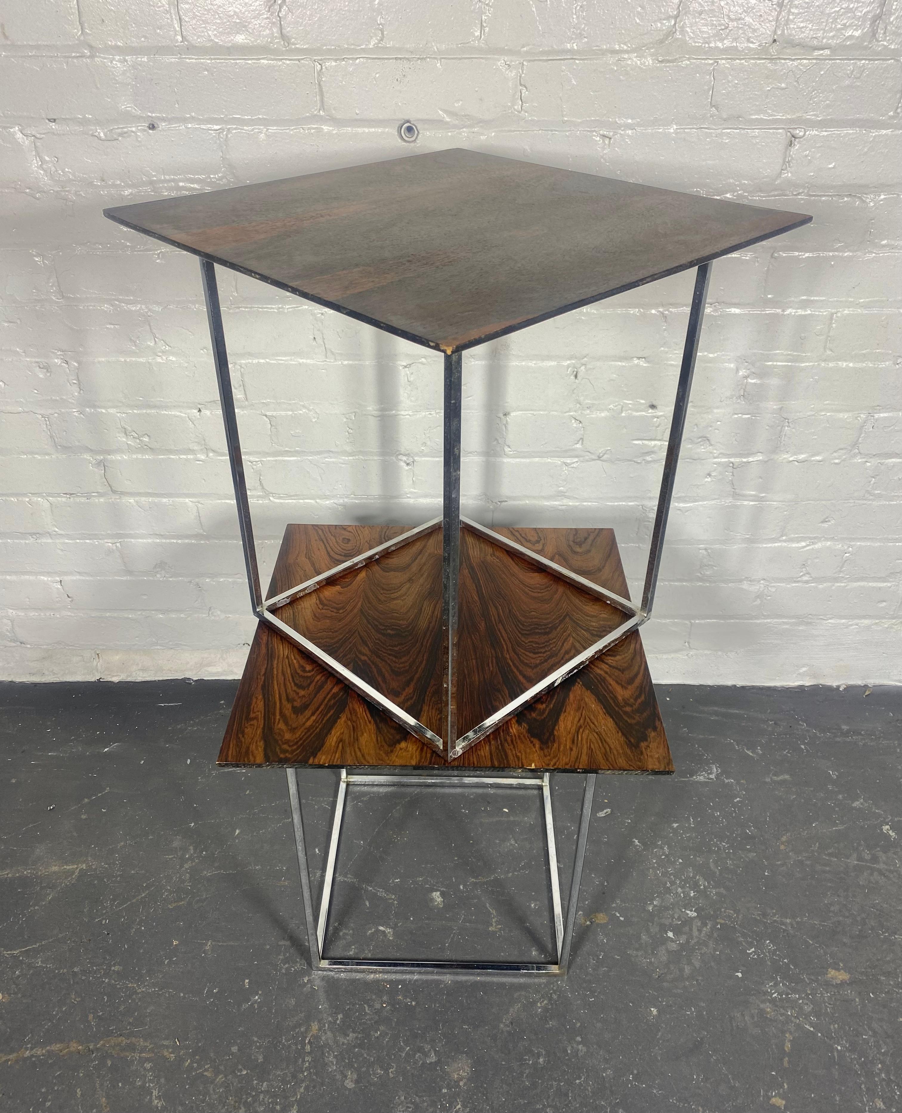 Matched Pair Rosewood and Chrome Tables or stands attributed to Milo Baughman  for Thayer Coggen  ,Classic 60s'70s Modernist design,, Handsome rosewood veneer,, richly grained,Art / sculpture.. MINOR BUMPS AND BRUISES, edge wear,, 