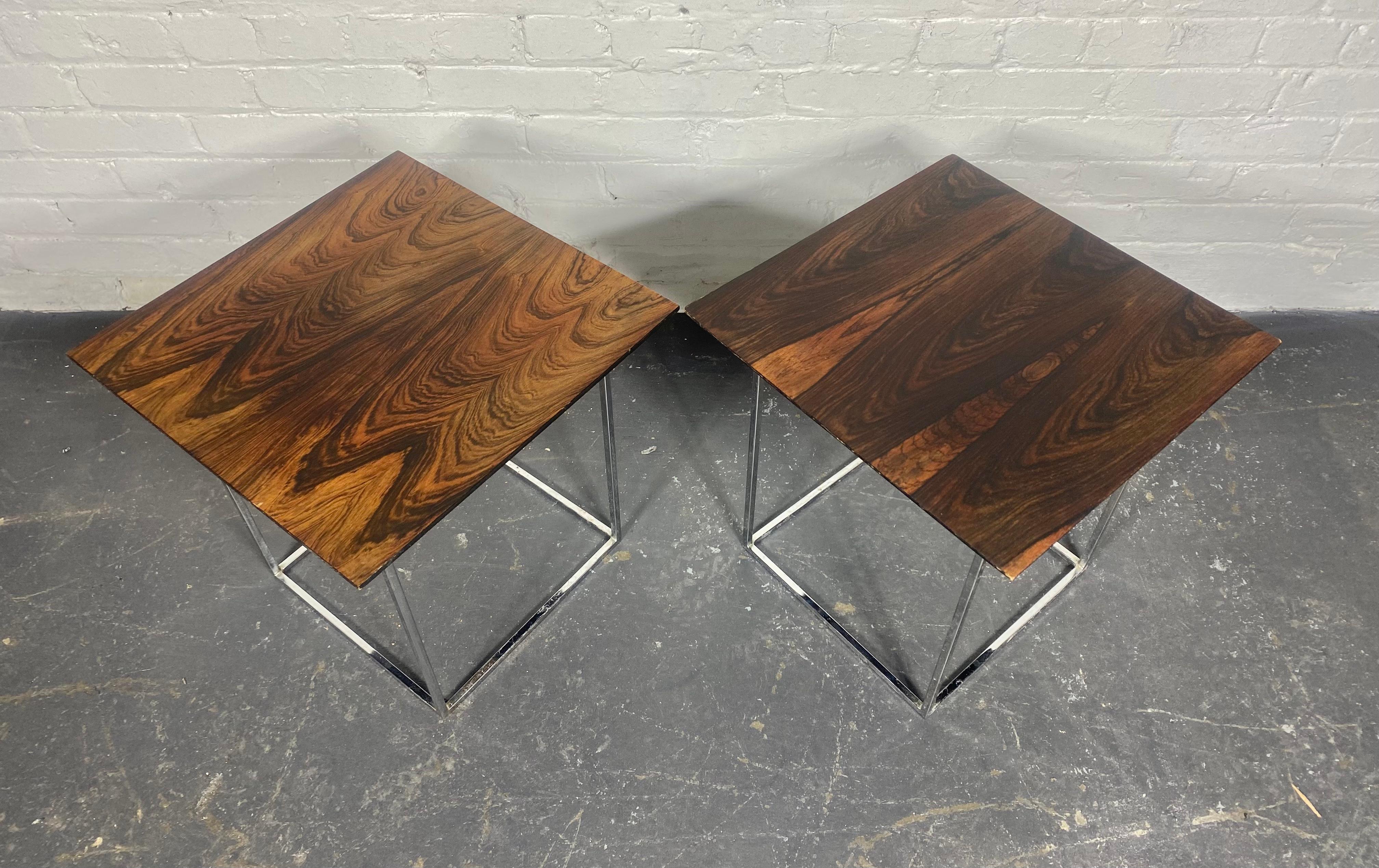 American Matched Pair Rosewood and Chrome Tables / stands attr to Milo Baughman  For Sale