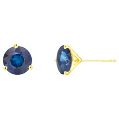 Matched Pair Round Blue Sapphires Yellow Gold Martini Stud Earrings