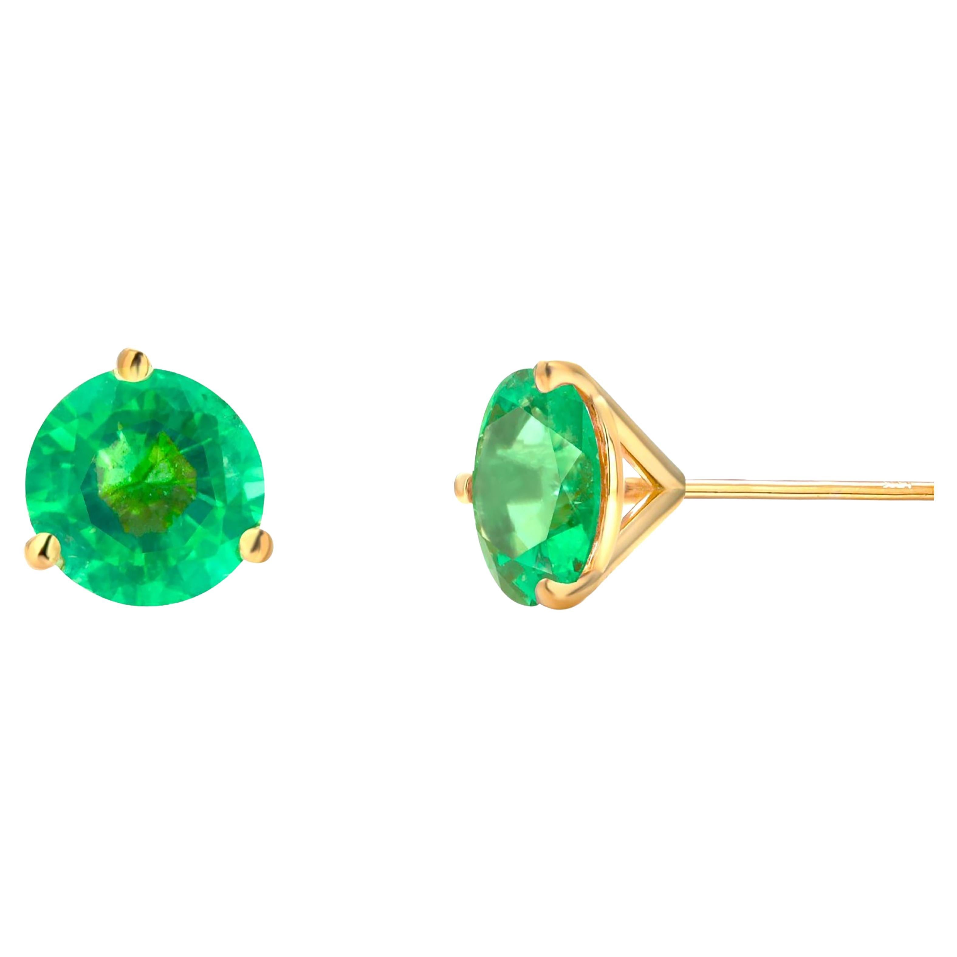 Yellow Gold Emerald Cut Colombia Emerald Stud Earrings at 1stDibs