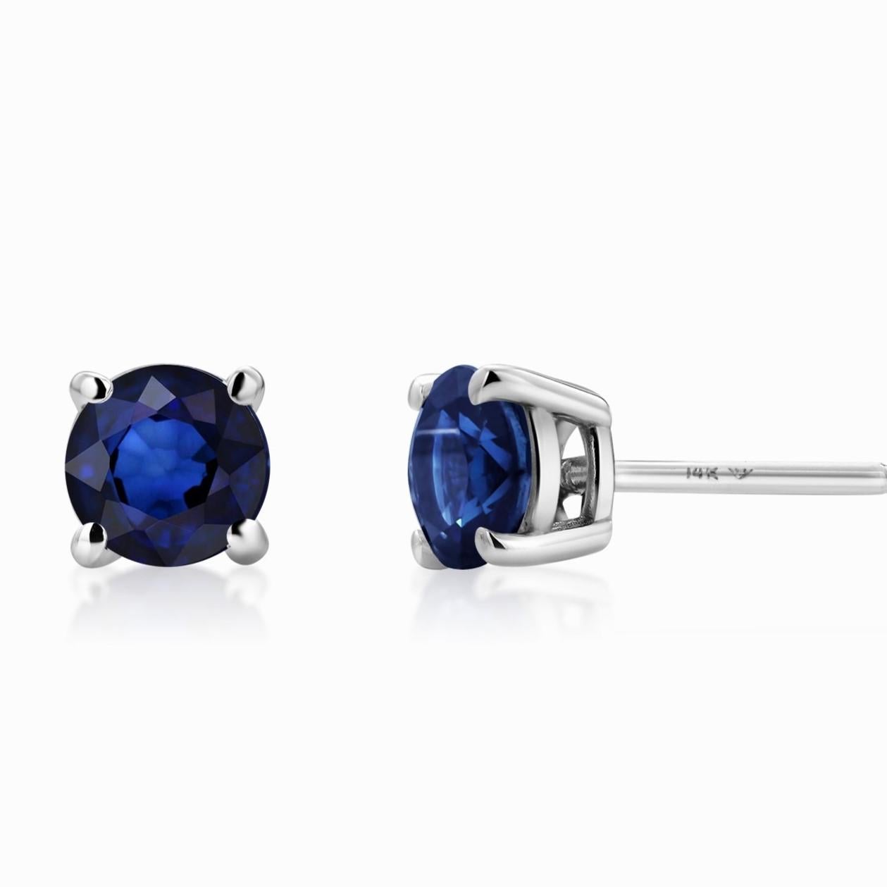 Matched Pair Round Sapphire 1.65 Carat White Gold 0.23 Inch Wide Stud Earrings  In New Condition For Sale In New York, NY