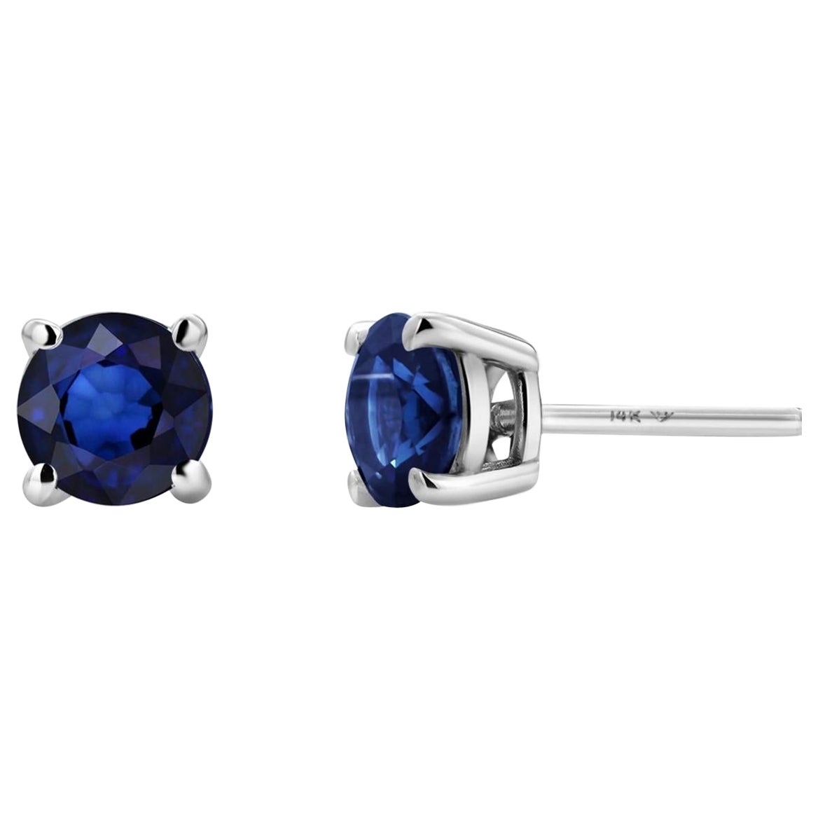 Matched Pair Round Sapphire 1.65 Carat White Gold 0.23 Inch Wide Stud Earrings 