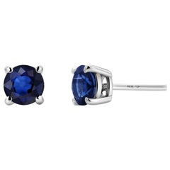 Matched Pair Round Sapphire 1.65 Carat White Gold 0.23 Inch Wide Stud Earrings 