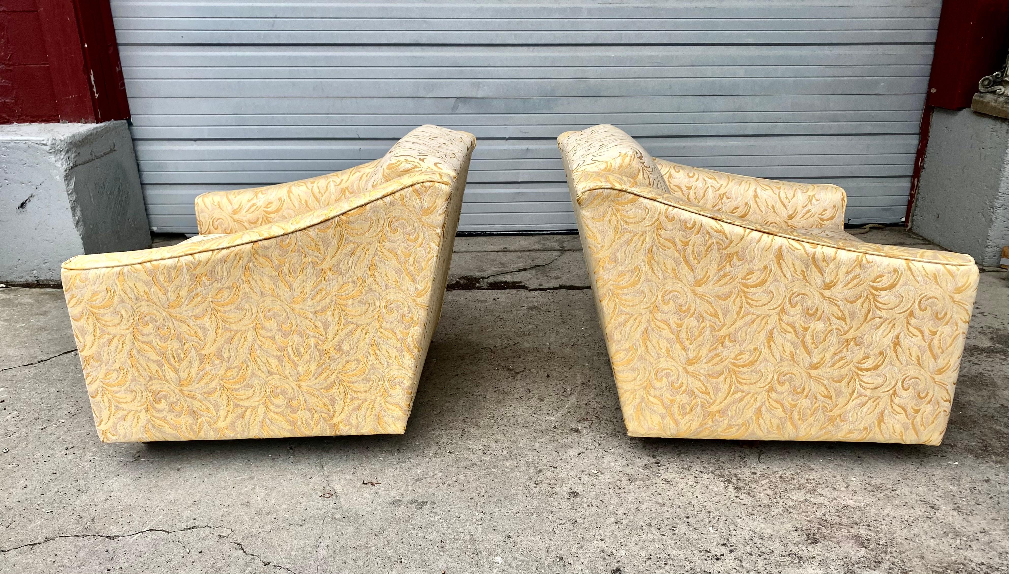 Matched pair stylized Mid-Century Modern lounge chairs by Koehler Chair 
 Co. Reminiscent of classic designs by Dunbar, Probber, etc.. Retains original fabric in amazing condition. appears they were never used. Extreamely comfortable. Beautiful